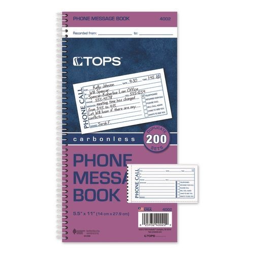 TOPS Spiralbound Message Book, Two-Part Carbonless, 5 x 2.75, 200 Forms Total