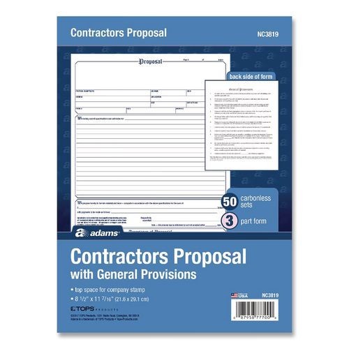 Adams Contractor Proposal Form, Three-Part Carbonless, 8.5 x 11.44, 50 Forms