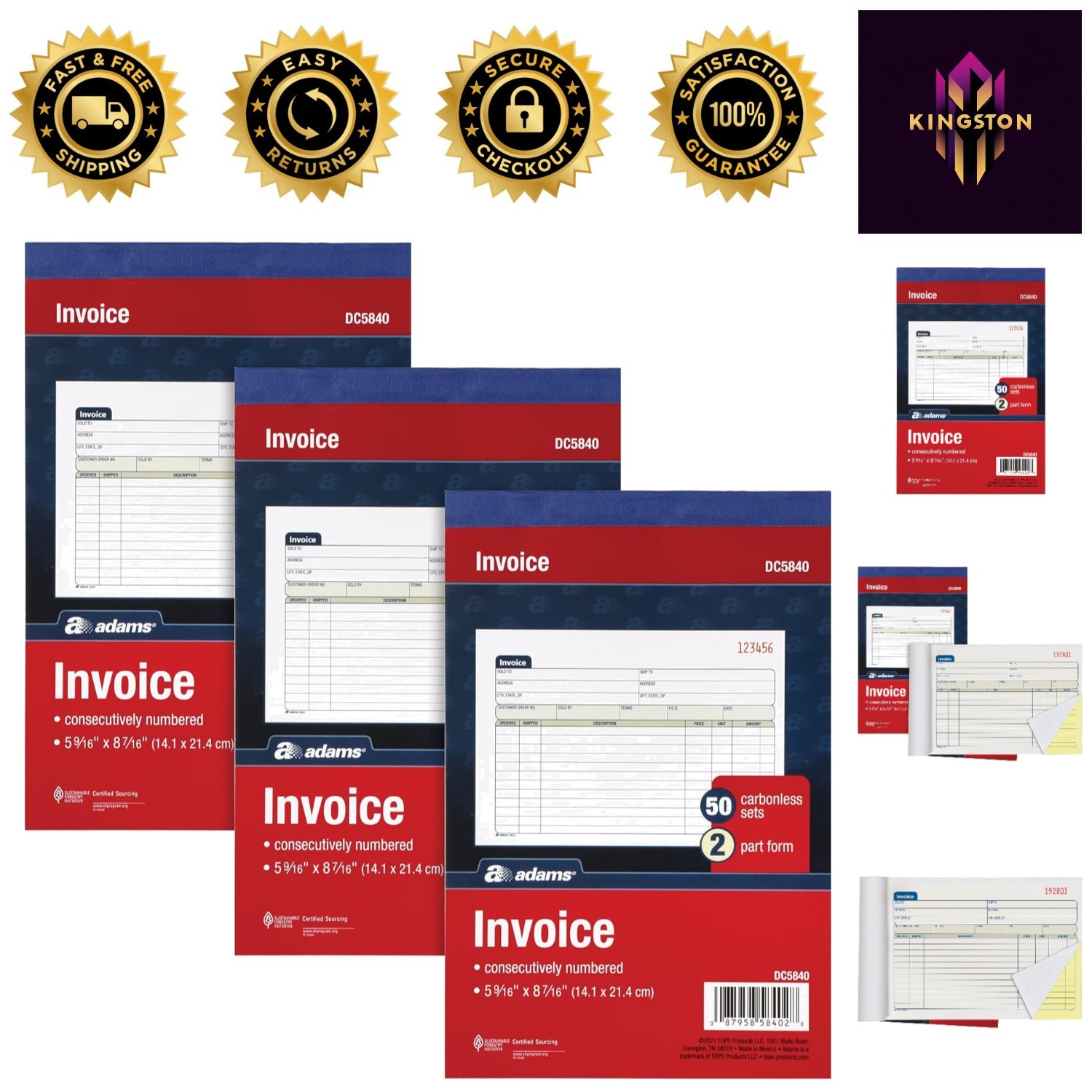 Invoice Book 3 Pack – 150 Carbonless, Horizontal Sales Slips, 5-9/16×8-7/16