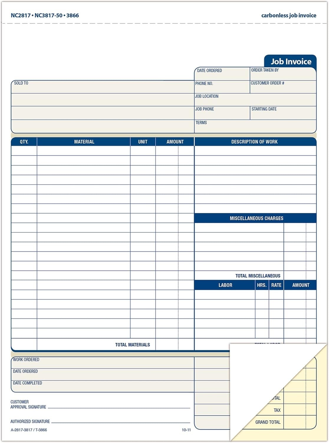 Job Invoice Forms, 2-Part Carbonless, For Service and Repair Billing, 100 Ind…