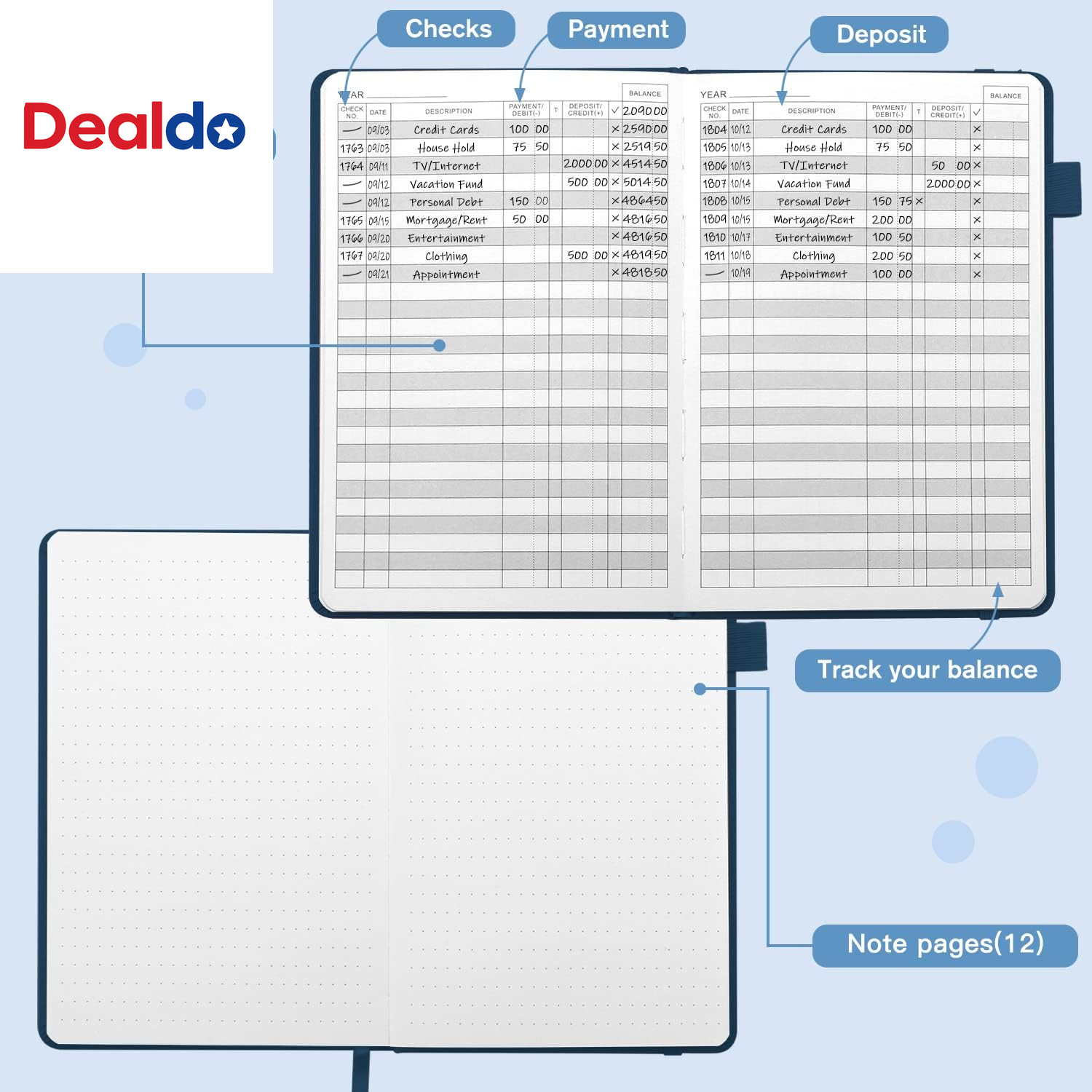 A5 Check Registers for Personal Checkbook, Ledger Transaction Registers Log Book
