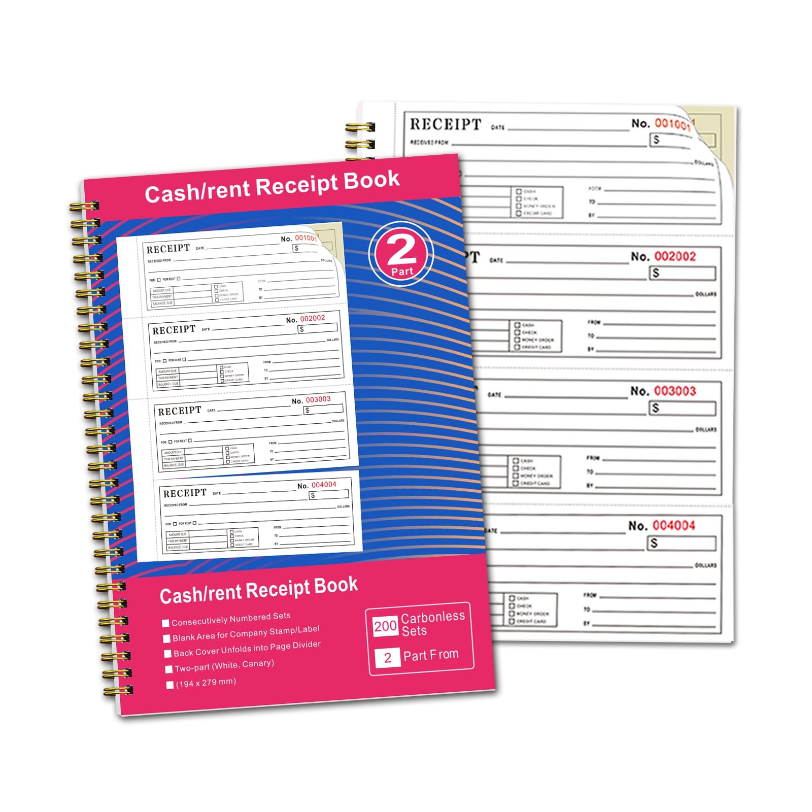 Receipt Book Carbon Copies Money Rent 2Part Carbonless 7.5×11 In 200 Sets