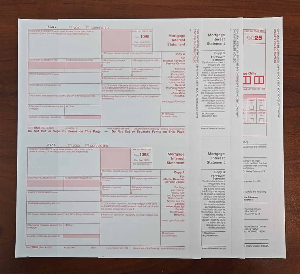 2025 Tax Form 1098 Mortgage Interest 6 Recipients 2 Pt + (1) 1096 – No Envelope