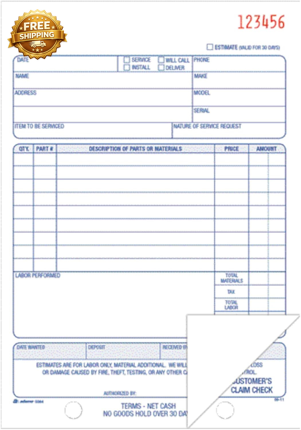 Repair Order Book Carbonless 2-Part White/White 5-9/16 X 8-7/16 Inches 50 Sets