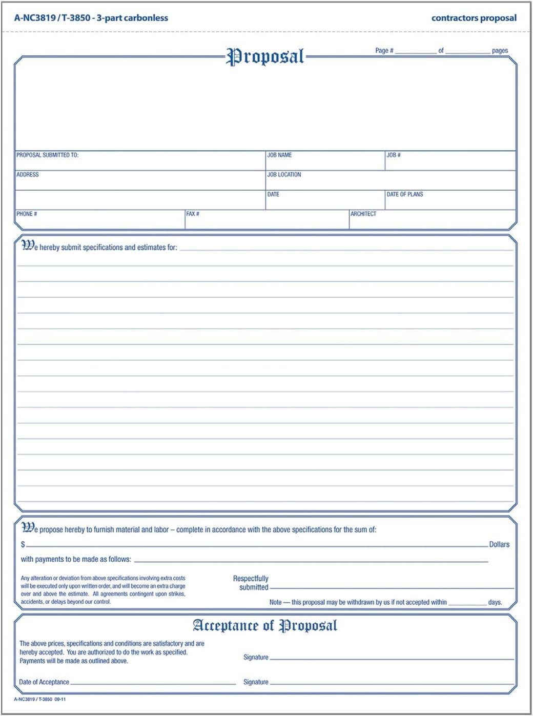 Contractor’s Proposal Forms 3-Part Carbonless 8.5×11 Inches 50 Pack