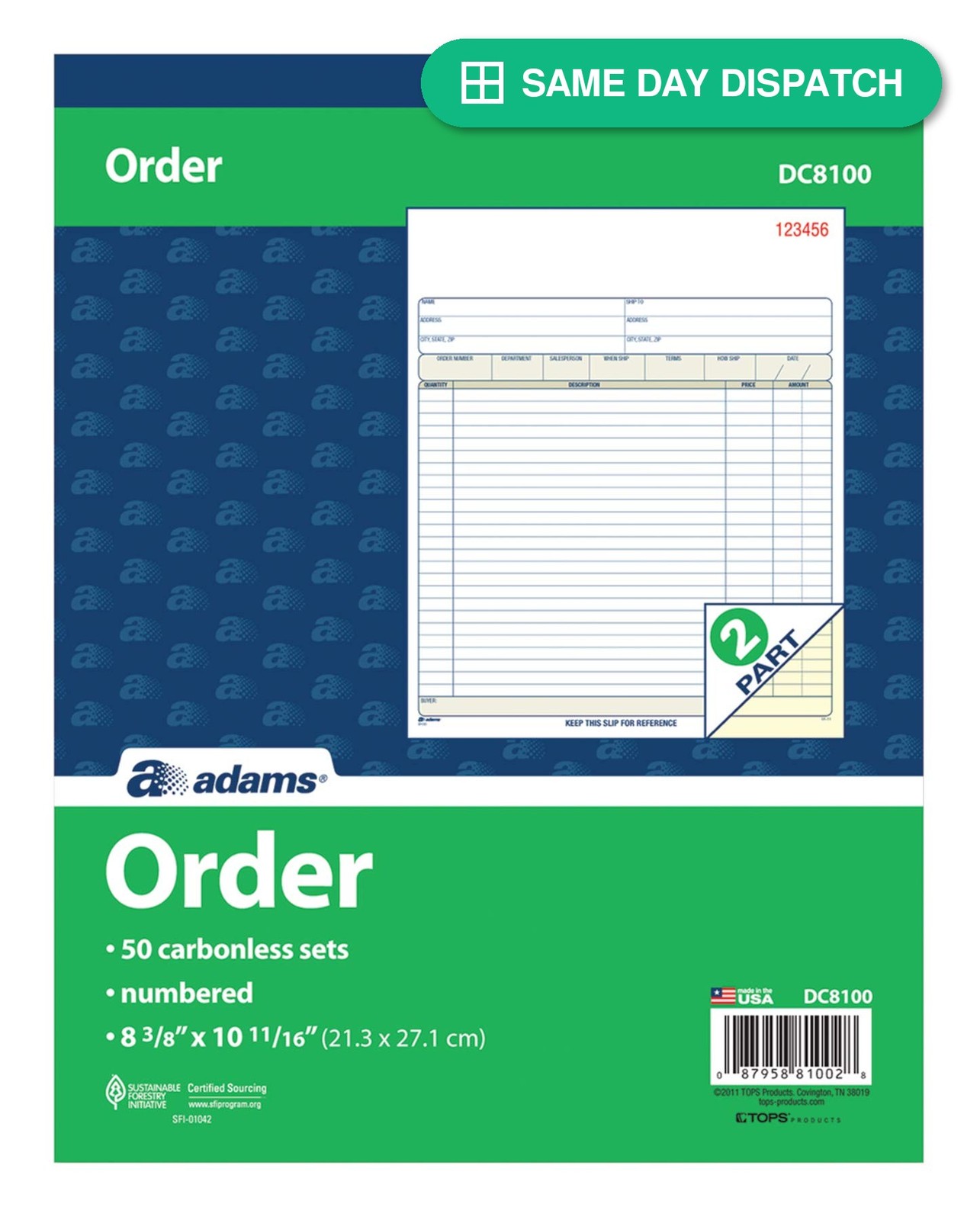 Adams Order Book 2-Part Carbonless Sales Invoice Forms 50 Sets 8-3/8 x 10-11/16