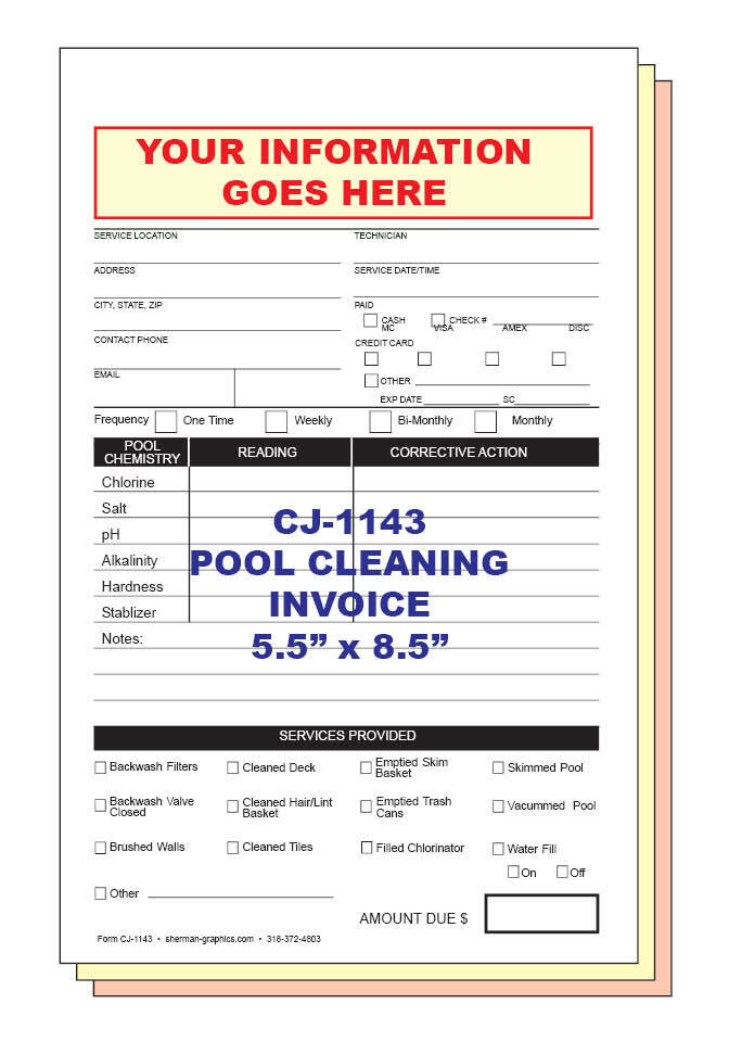 POOL CLEANING INVOICE CUSTOM PRINTED 2 or 3 Part Carbonless Forms