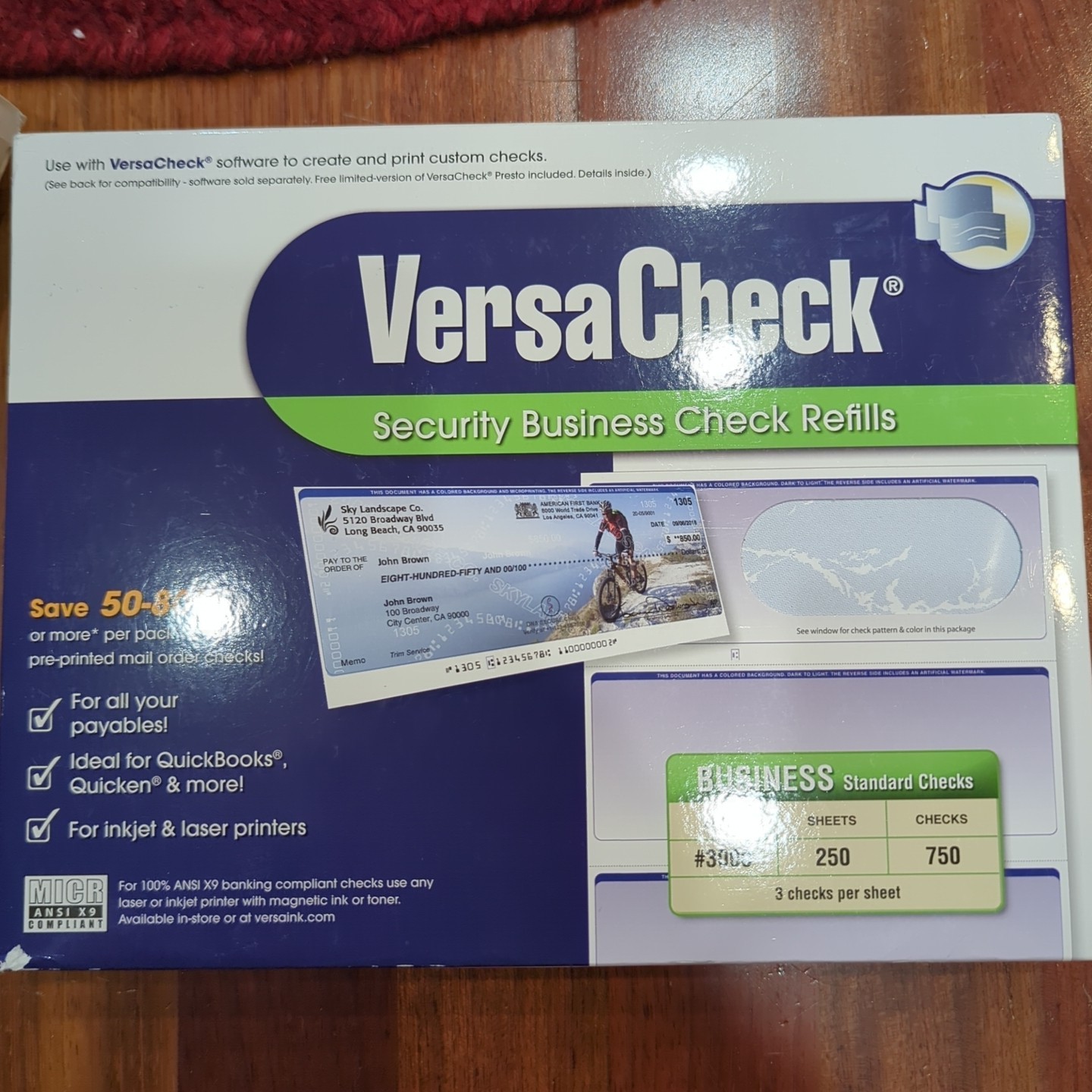 VersaCheck Security Checks 750 Blue Blank Business Voucher 3 Checks each Sheet