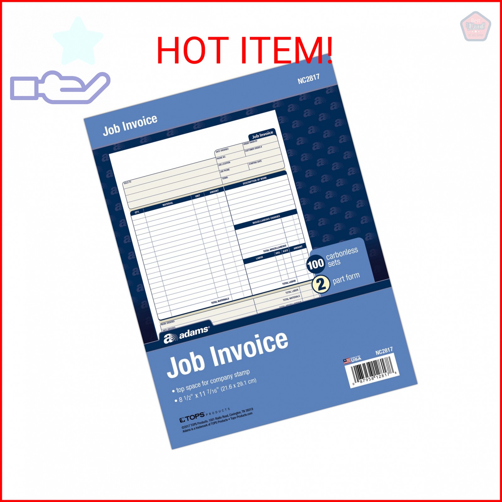Adams Job Invoice Forms, 2-Part Carbonless, For Service and Repair Billing, 100