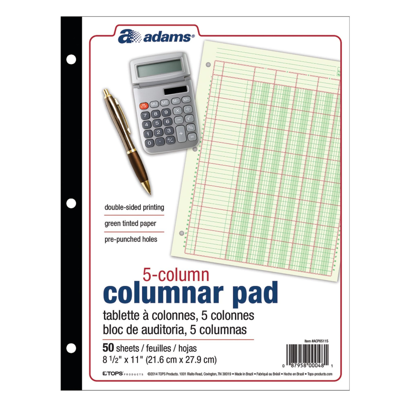 Adams Columnar Analysis Pad 5 Column Accounting Ledger 50 Sheets Green Paper