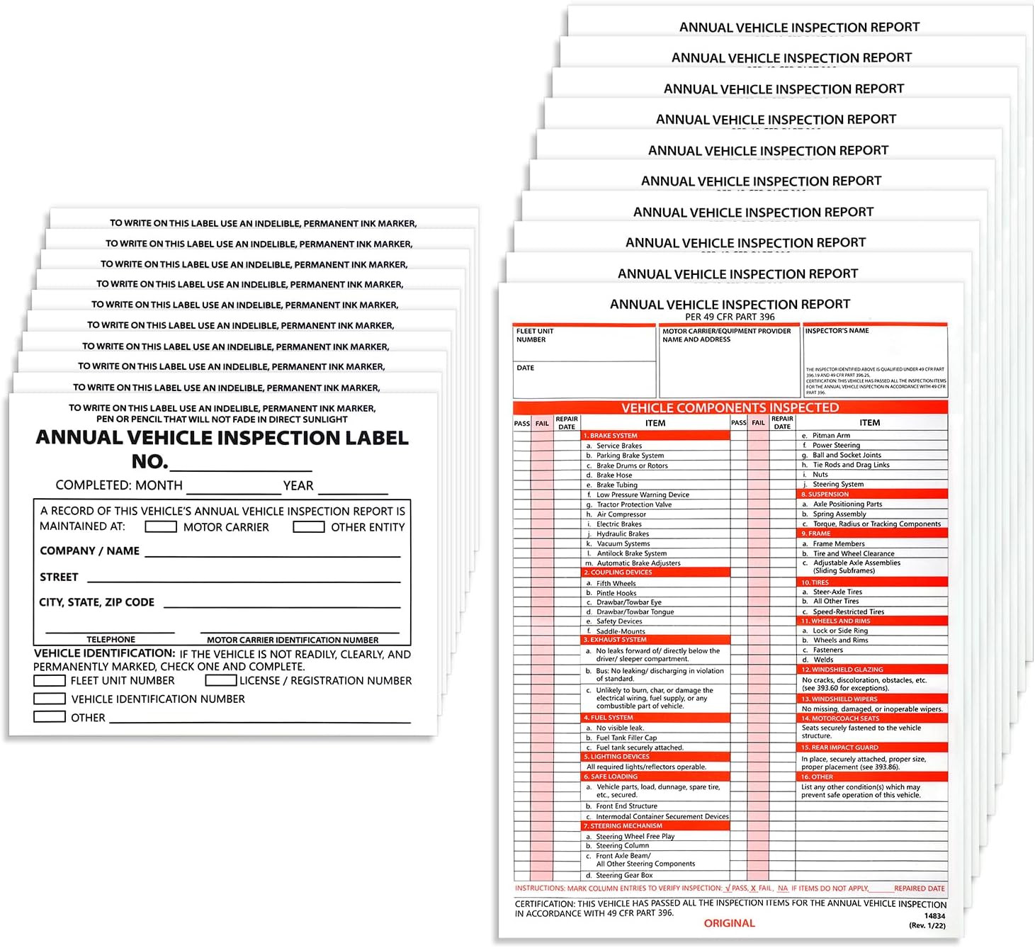 10 Pack Annual Vehicle Inspection Report Form, 10 Pack FMCSA Inspection Labels
