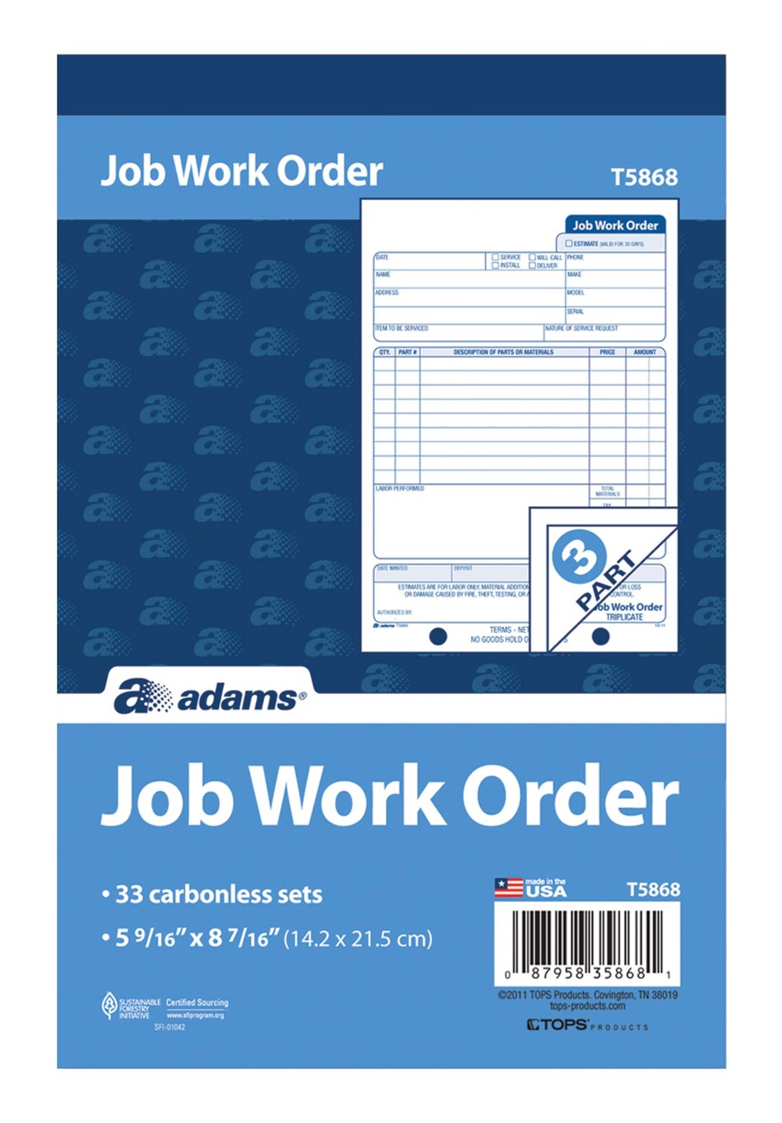 Adams Job Work Order Book, 3-Part Carbonless, 33 Sets, White/Canary