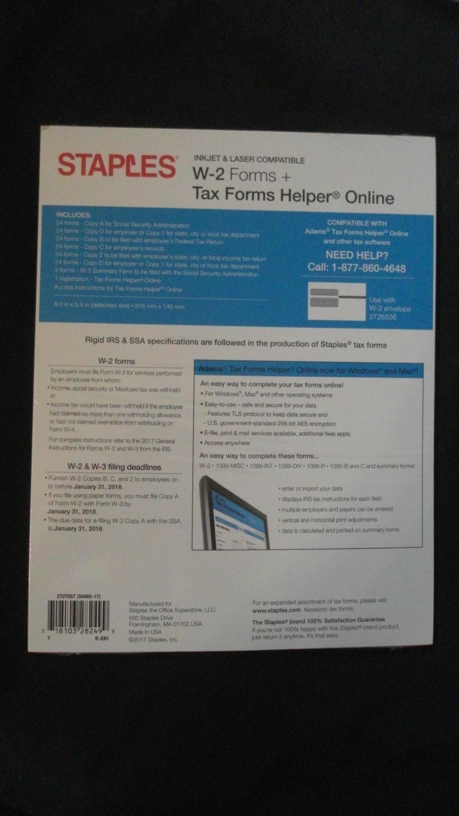 24 Count Pack of Staples 2017 IRS Tax Forms Helper Online + W-2 Forms Kit 6-Part