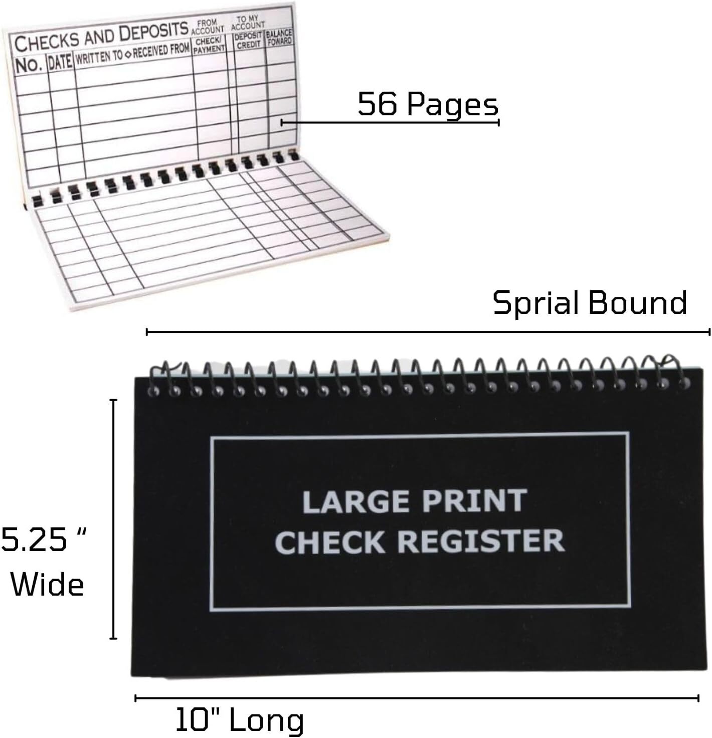 Jumbo Print Check Register Book Large Print Spiral Bound 10X5 Durable Pages