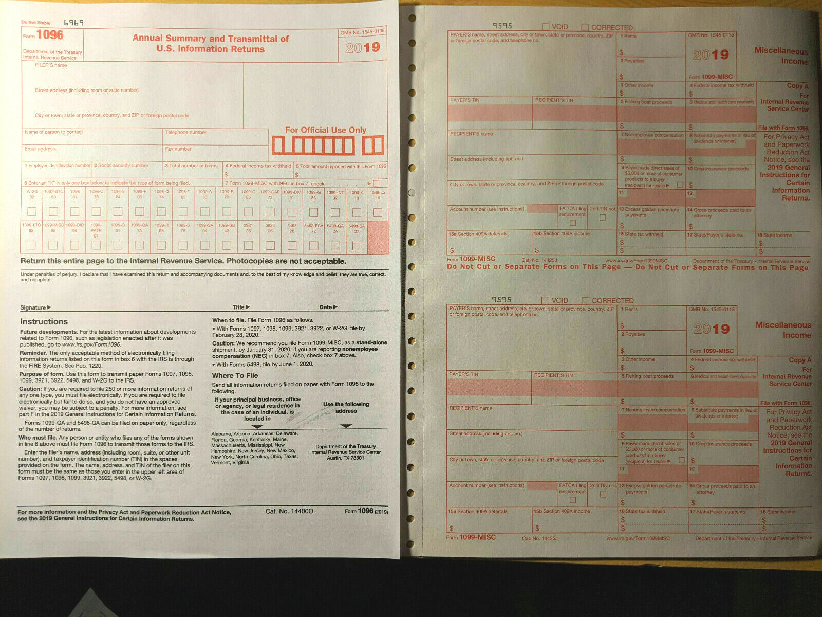 Year 2019 IRS Tax Form 16) 1099-MISC Miscellaneous Income & 4) 1096 Transmittal