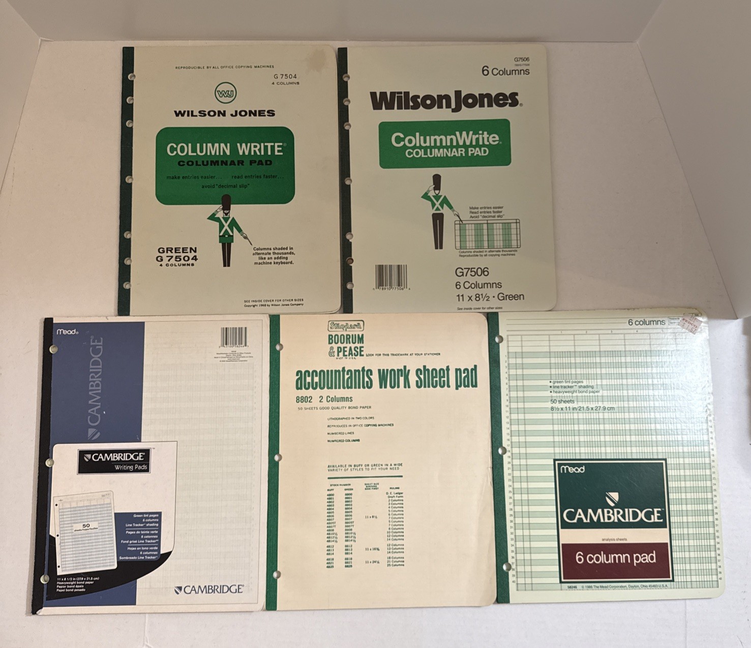 Set Of 5 Vintage Columnar Paper Pads Wilson Jones Boorum & Pease Mead 1968 1986