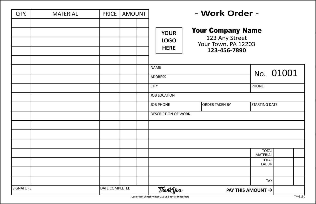 Custom Job Work Order Invoice Forms / 2 Part Carbonless / 8.5″ x 5.5″ / TMG130