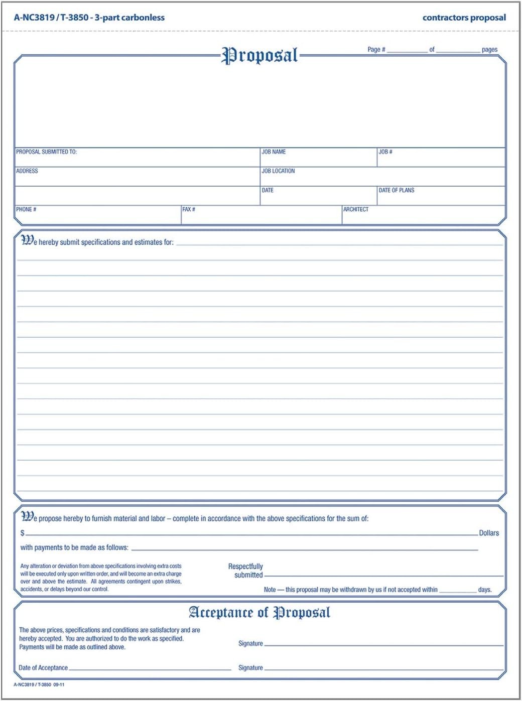 Contractor’s Proposal Forms, 8.5 x 11.44 Inch, 3-Part, Carbonless, 50-Pack, W…