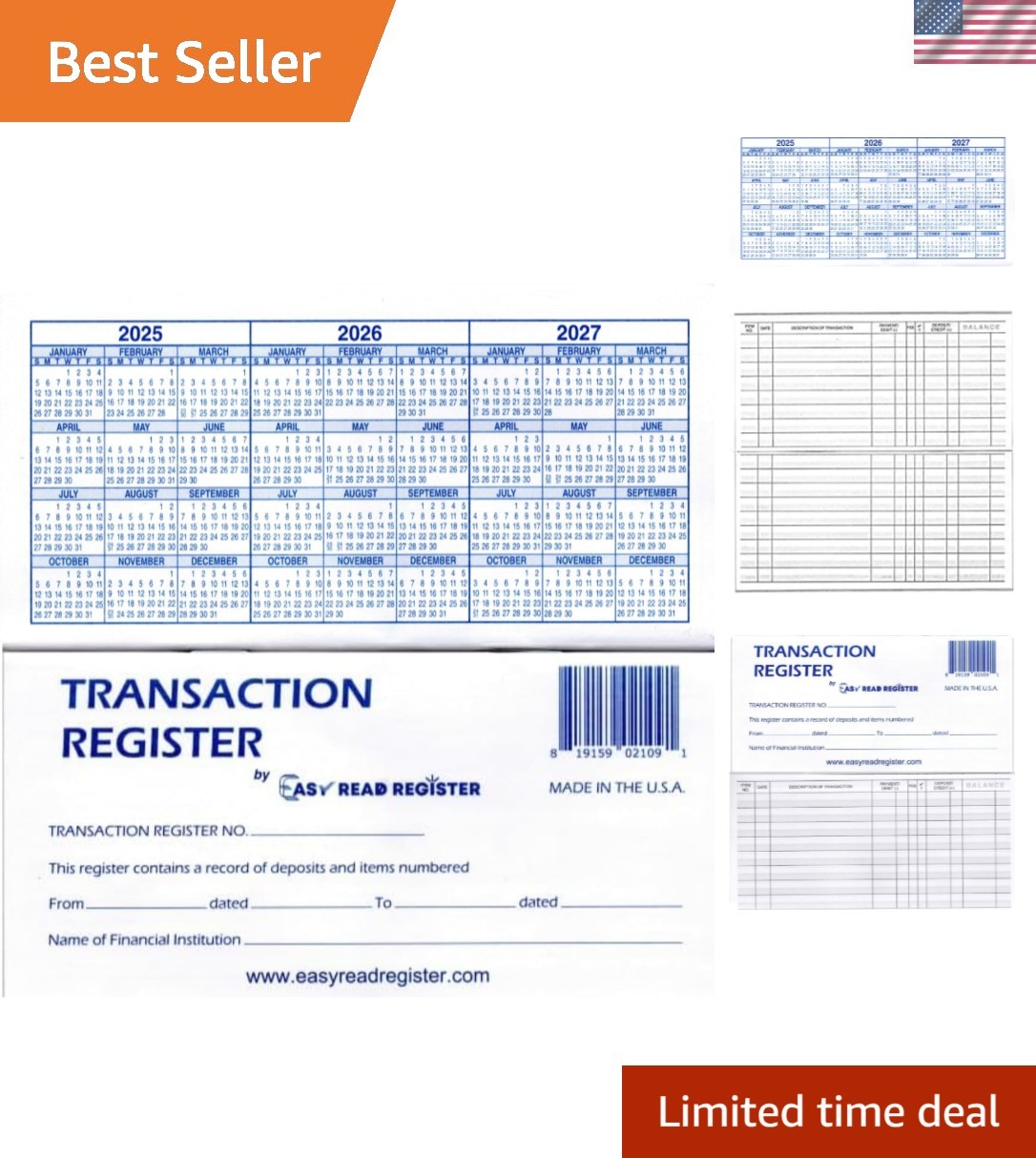 Durable Checkbook Register with 444 Lines and 2025 Mini Calendars – Pocket Size