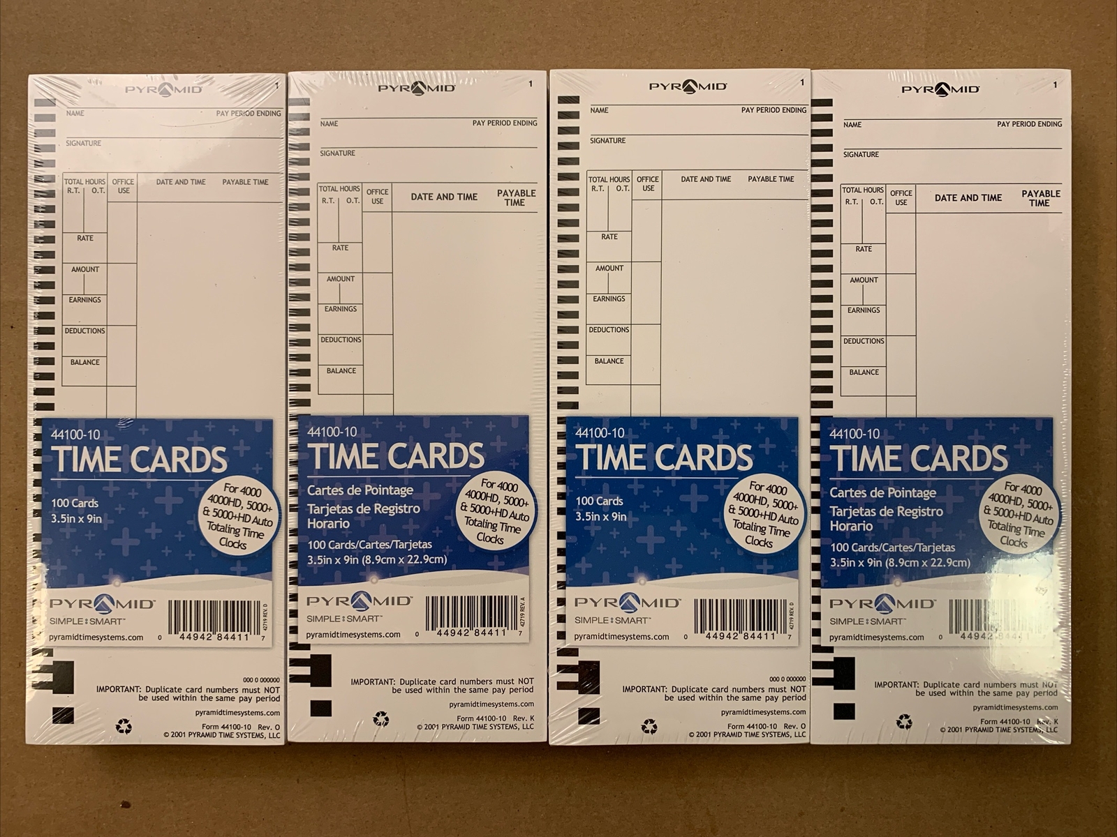 4 Packs of 100 Pyramid Systems Time Cards for 4000, 4000HD, 5000+, 5000+HD