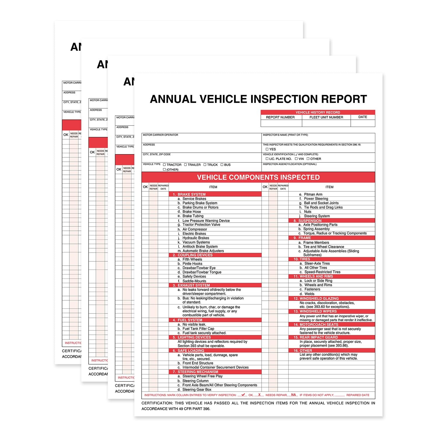 Annual Vehicle Inspection Report Form 25-pk 3-Ply Carbonless, 8.5″ x 11.75″ +…