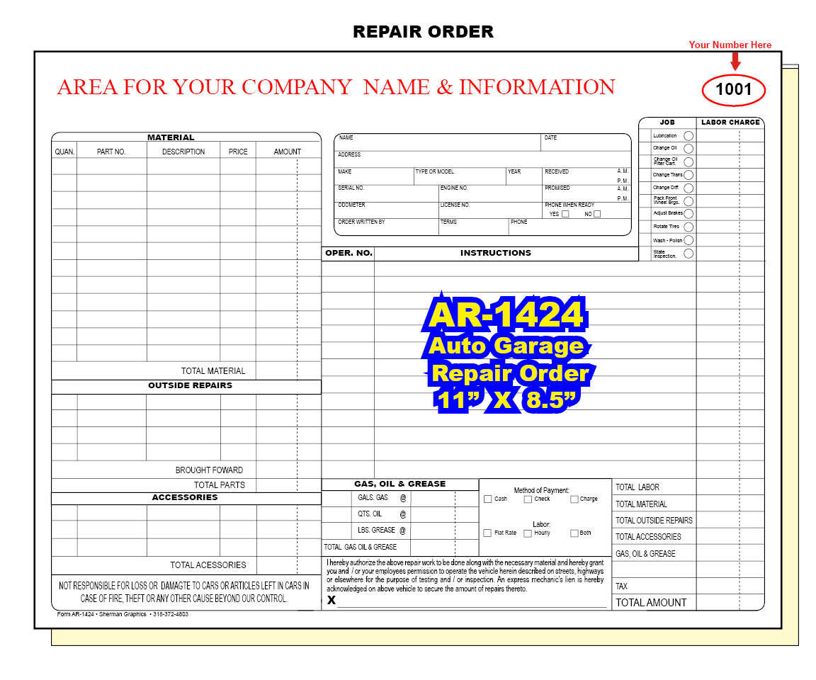 AUTOMOBILE GARAGE REPAIR INVOICE ORDER (Including Florida Repair Orders)