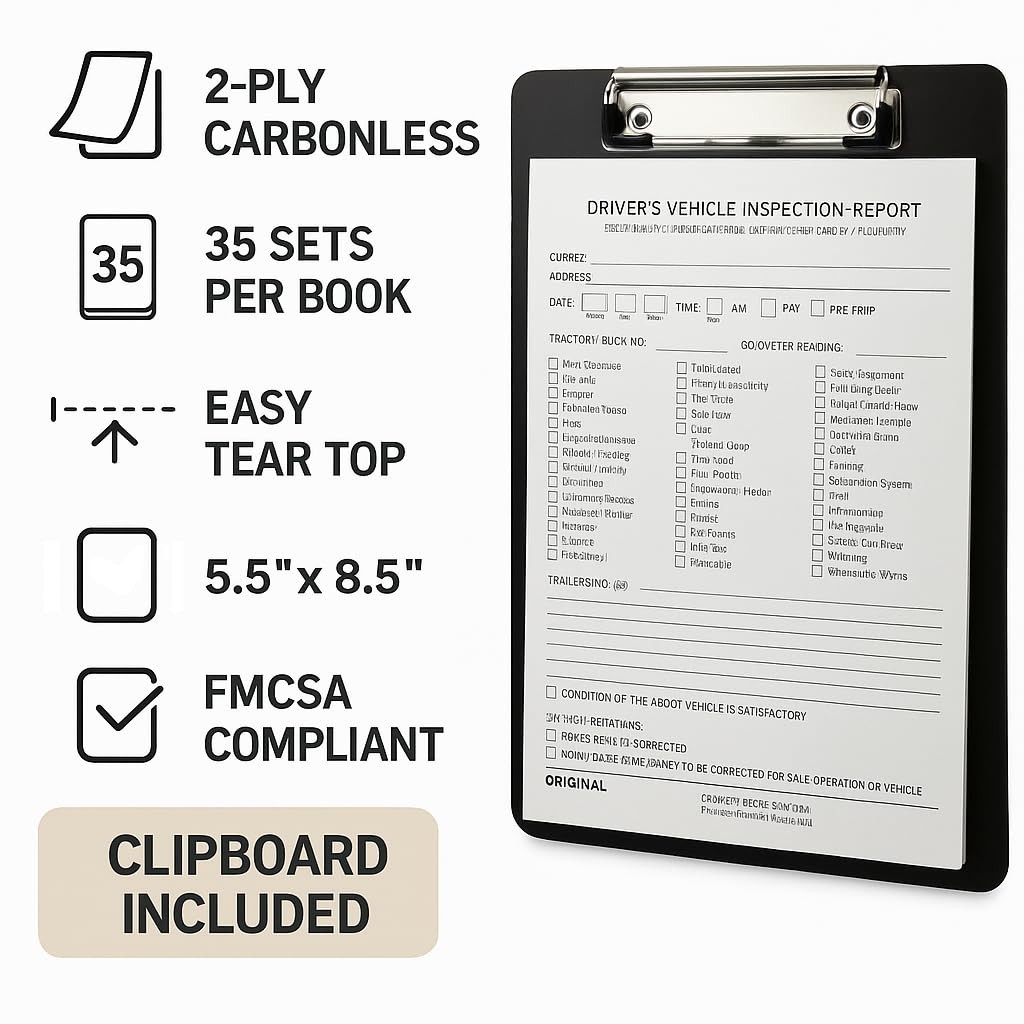 Driver Vehicle Inspection Report Book with Clipboard – 2-Ply Carbonless DVIR …