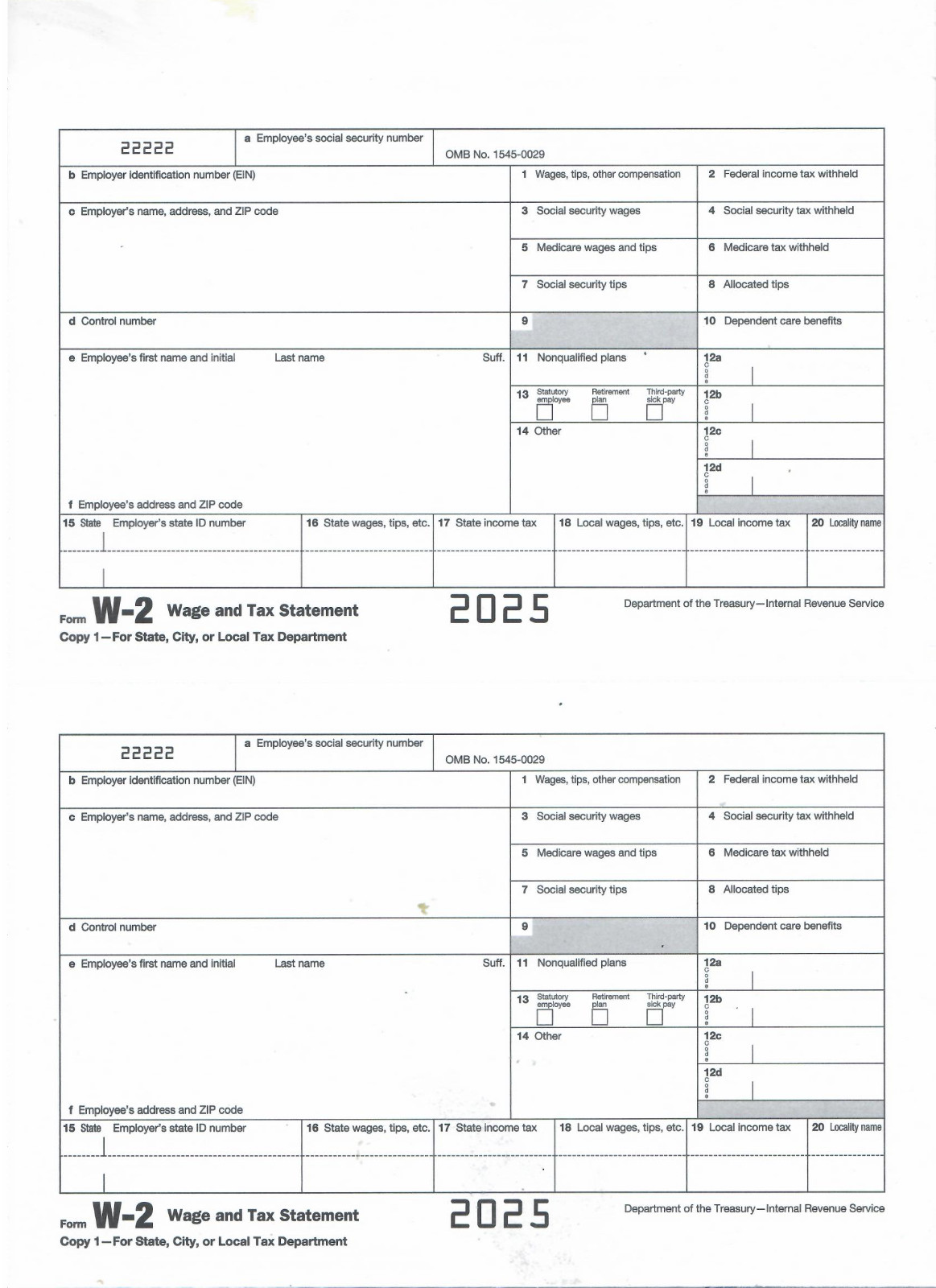 2025 W2 -5 Forms for 2 employees per Form of Wage and Tax Statement