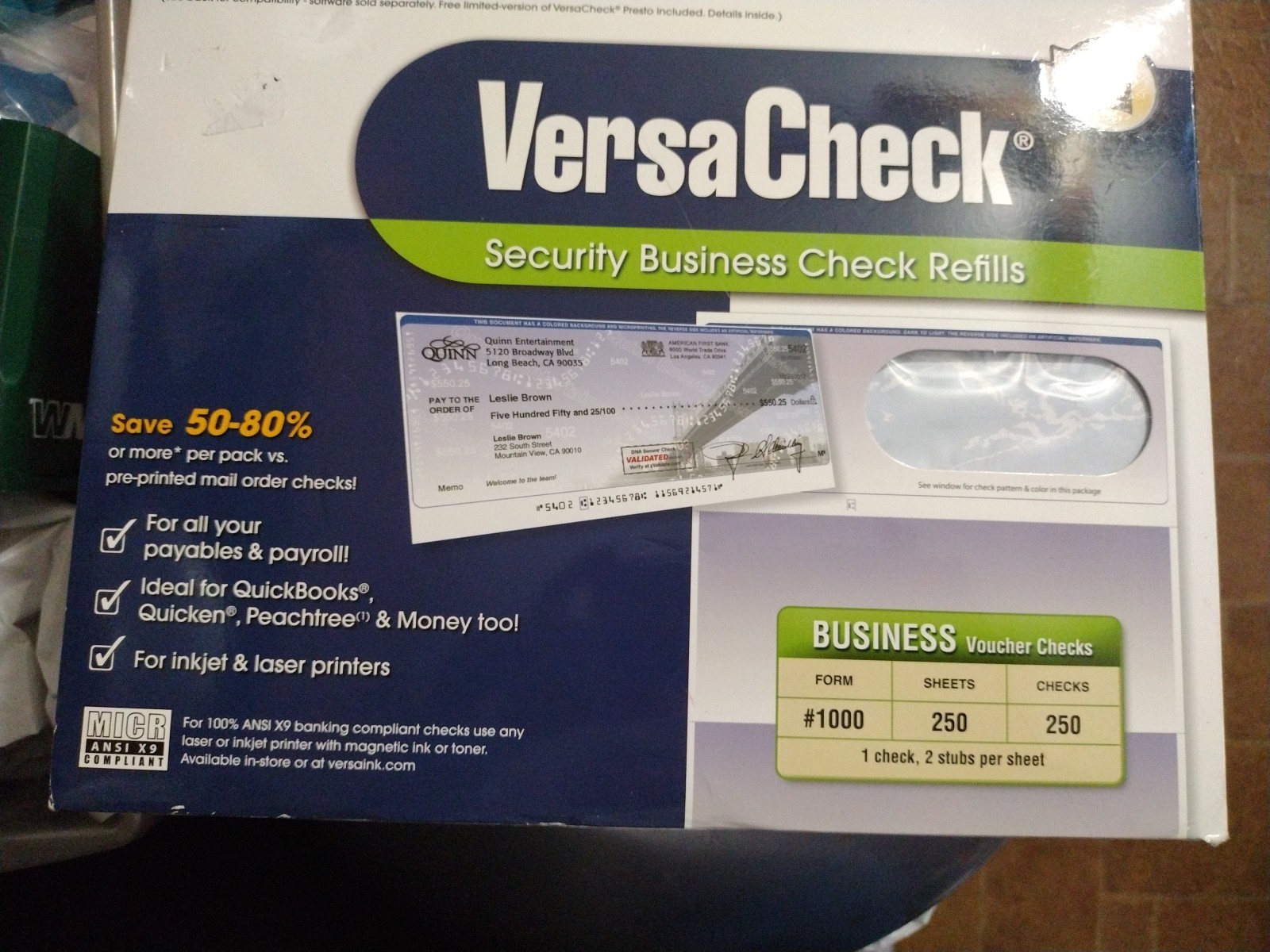 VersaCheck Security Business Check Refills #1000 250 Sheets 250 Check Refills