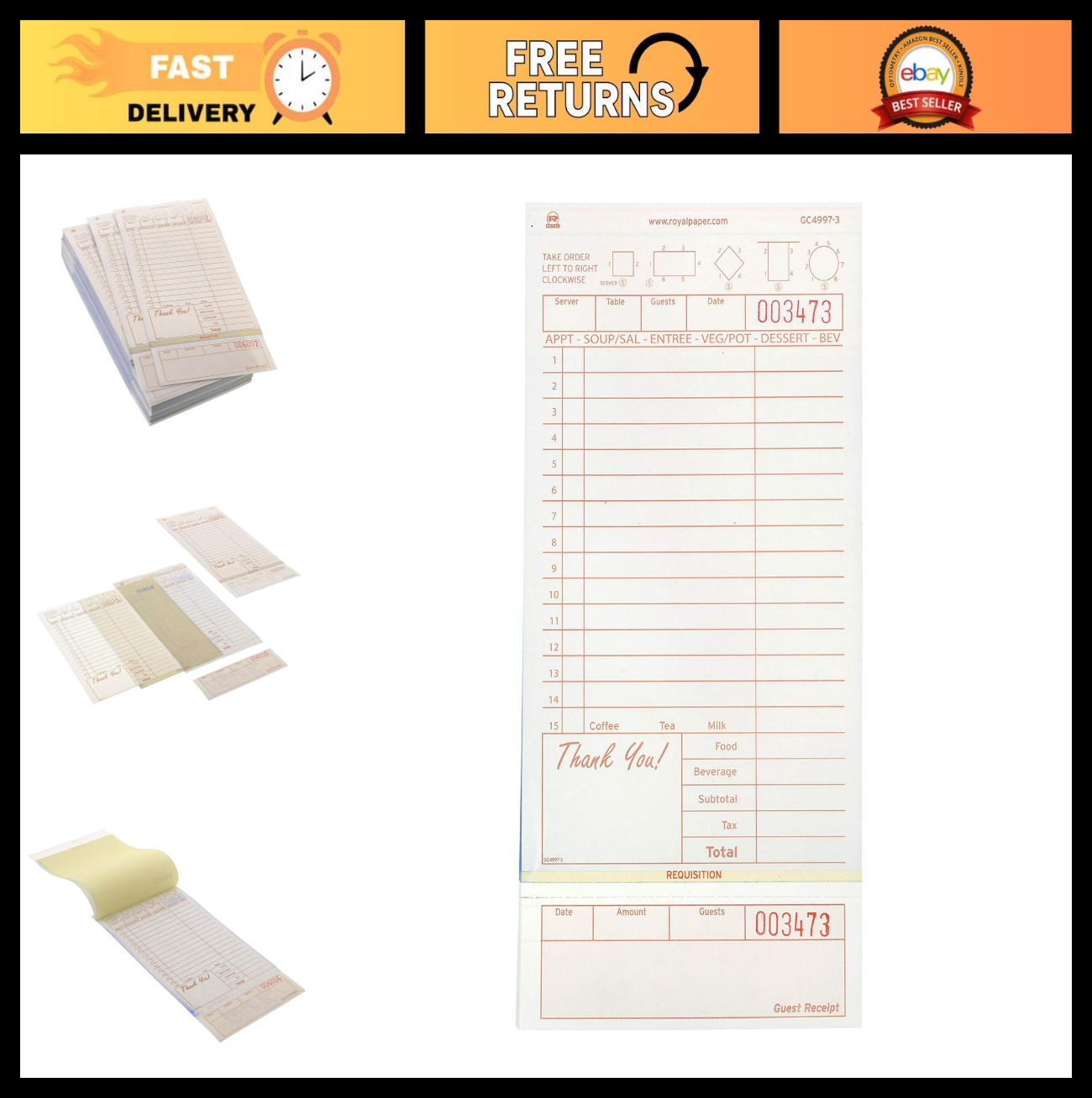 Guest Check Loose-Pack Refill – 15 Lines, Carbonless, 4.2″x8.5″, 200 Forms/Pad