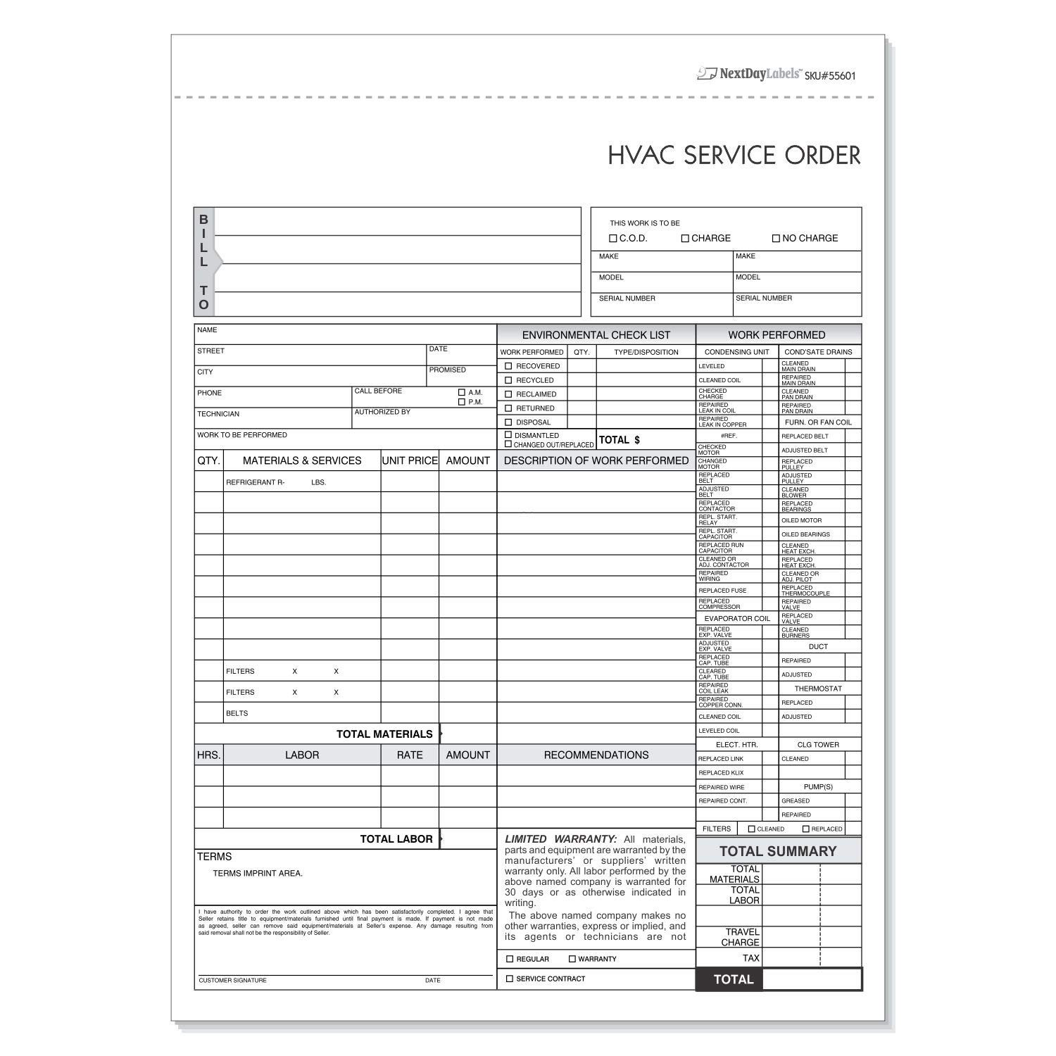 NextDayLabels – HVAC Service Order Invoice & Repair Detail Form, 3 Part Carbonle