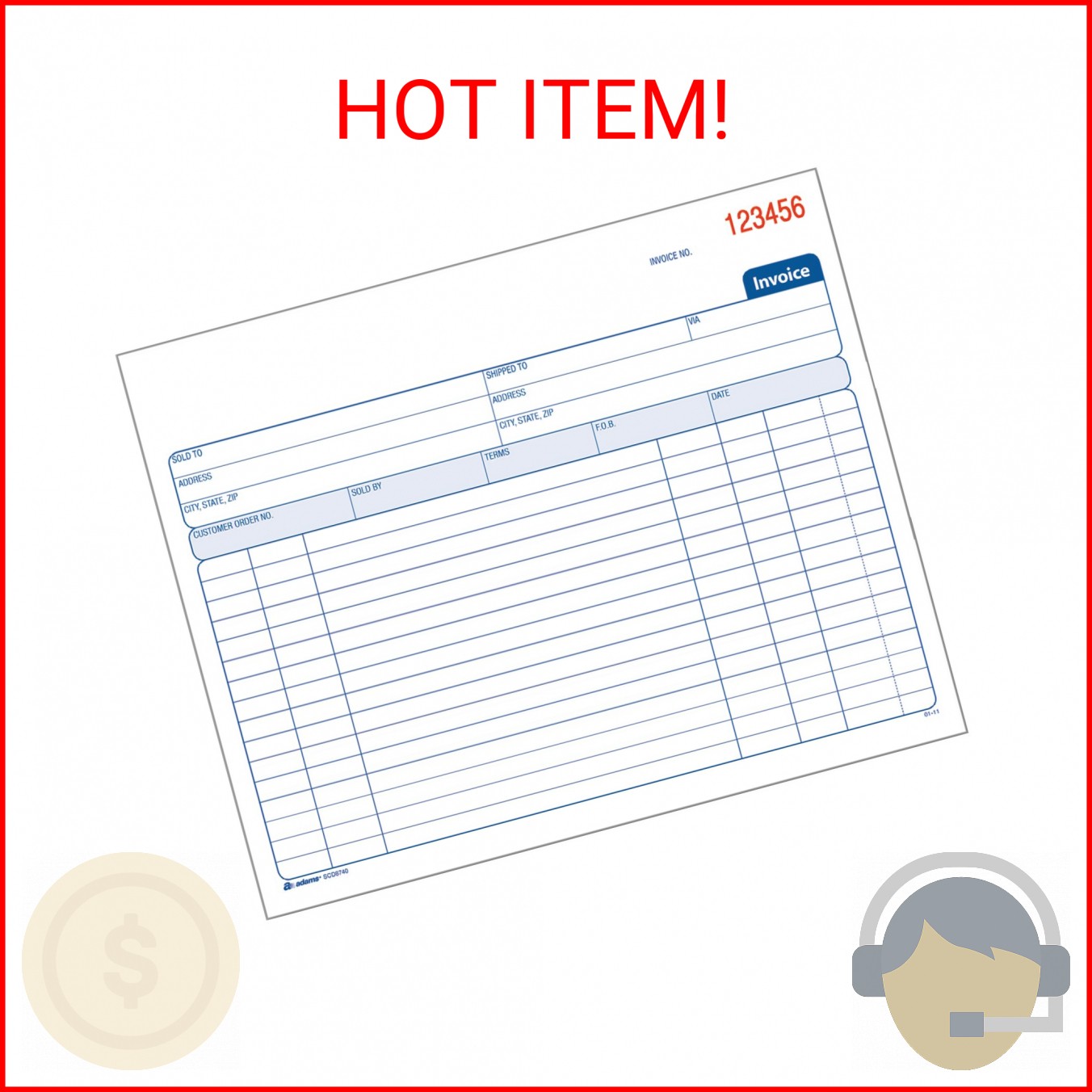 Adams Spiral Invoice Book, 8 1/2 x 7 1/4 Inches, 2-Part, Carbonless, White/Canar