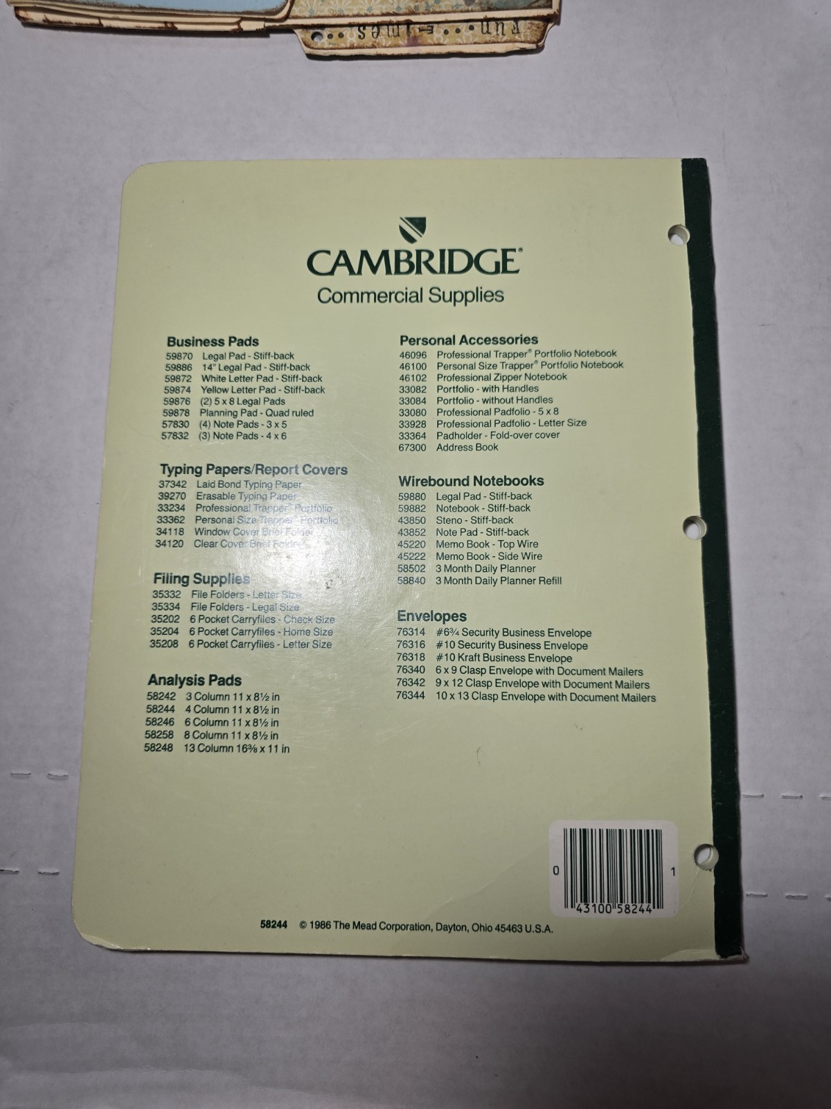 Vintage Mead Cambridge Analysis Sheets 4 Column Pad 50 Sheets; 58244