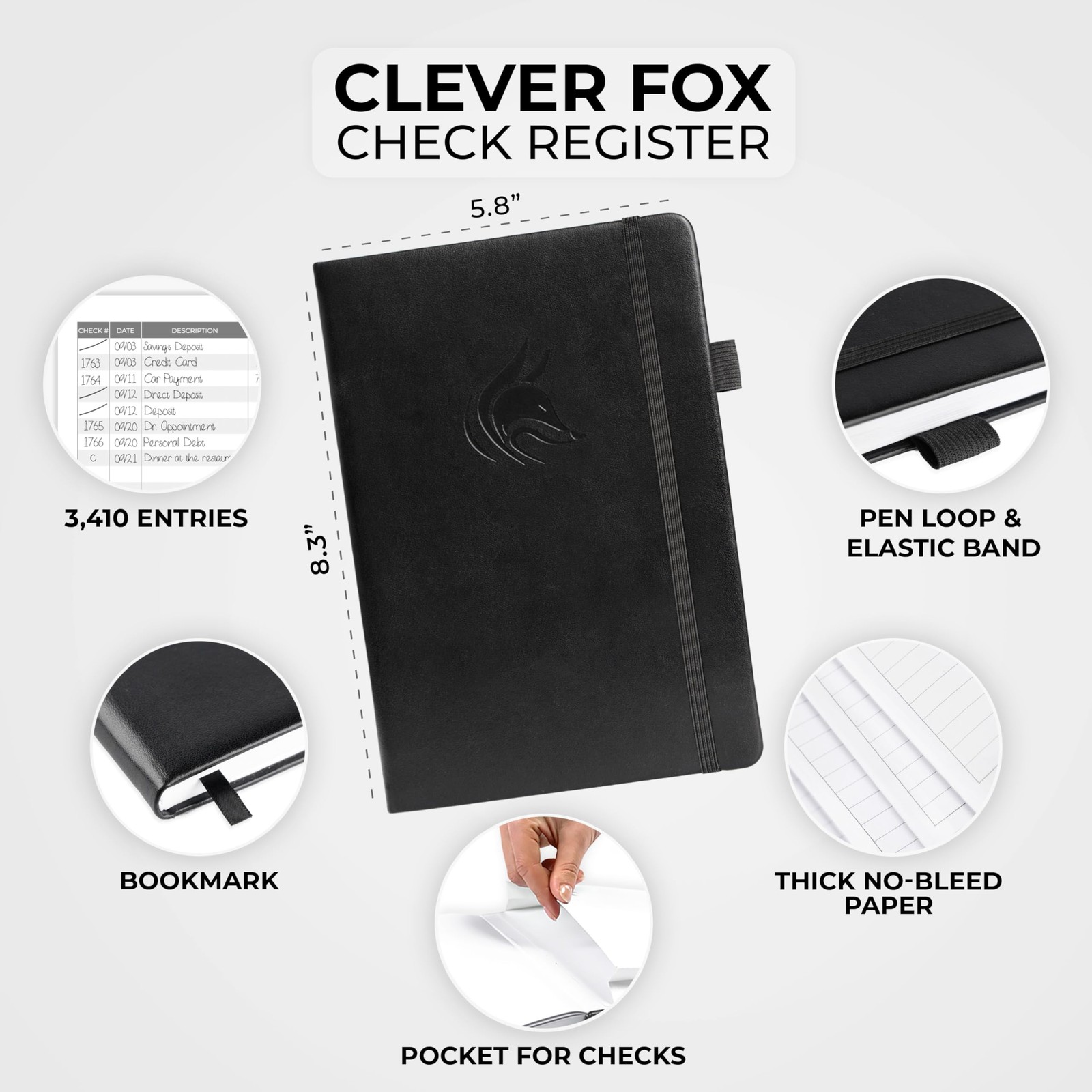 Clever Fox Check Register Book – Deluxe Transaction A5 (5.8” x 8.3”), Black