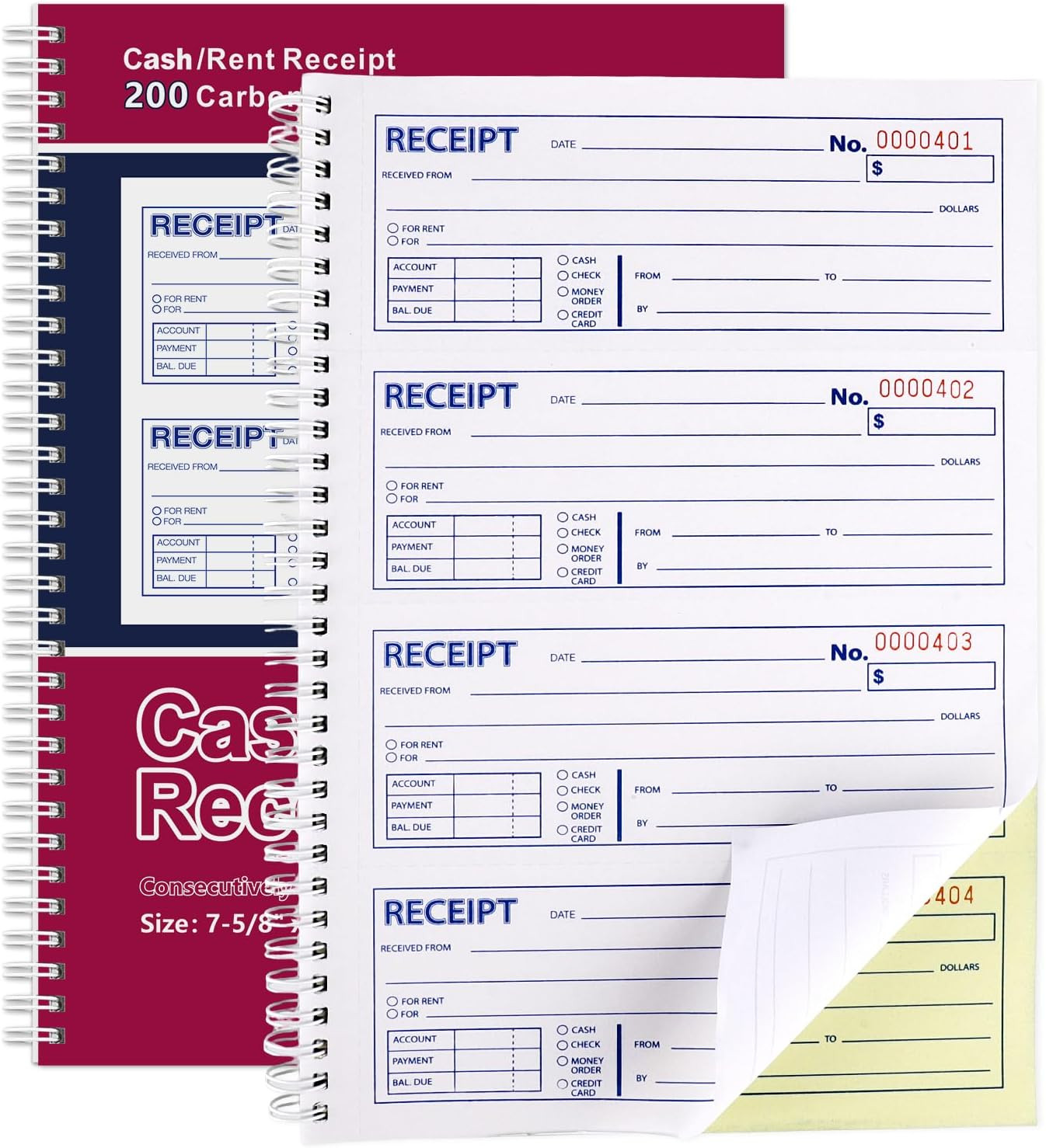 Receipt Books with Carbon Copies, Rent Receipt Book, 2-Part Carbonless, 7-5/8″ X