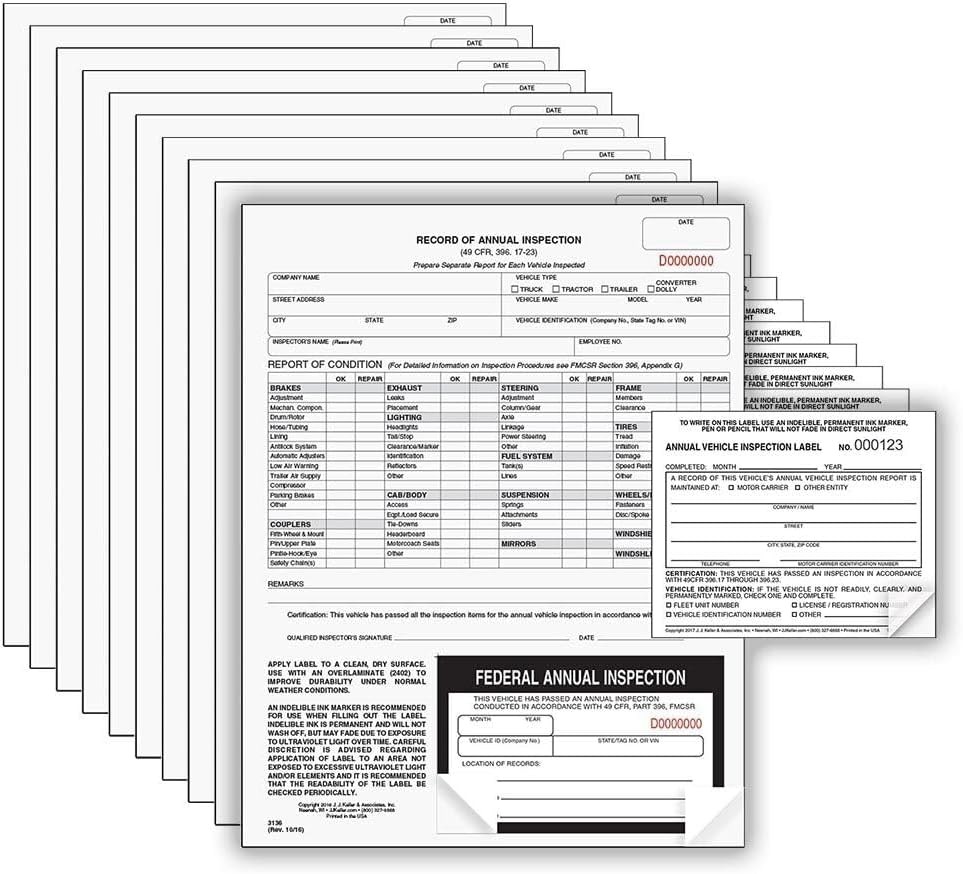 J. J. Keller 10-Pack, Record of Annual Inspection Form with Inspection Label …