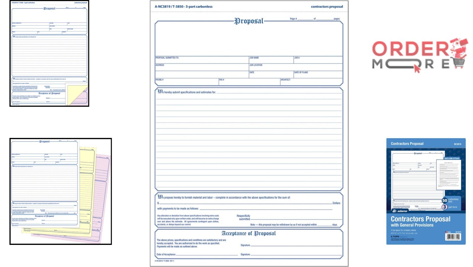 Contractor’s Proposal Forms 3-Part Carbonless 8.5×11 Inches 50 Pack