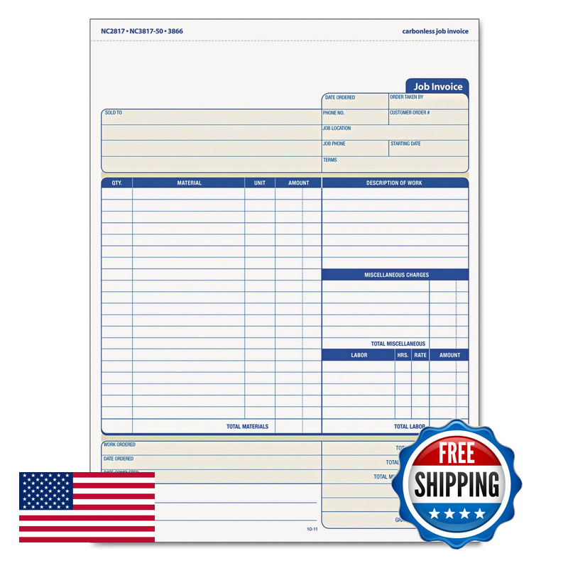 Tops Job Invoice Materials List 3-Part Carbonless 8.5 X 11 Inches 50 Sets Per