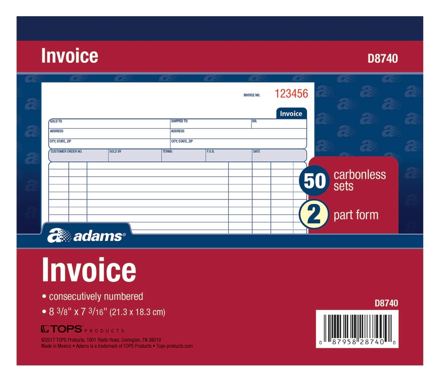 Adams Invoice Book, Carbonless, 50 Sets, 8.38 x 7.19 Inches
