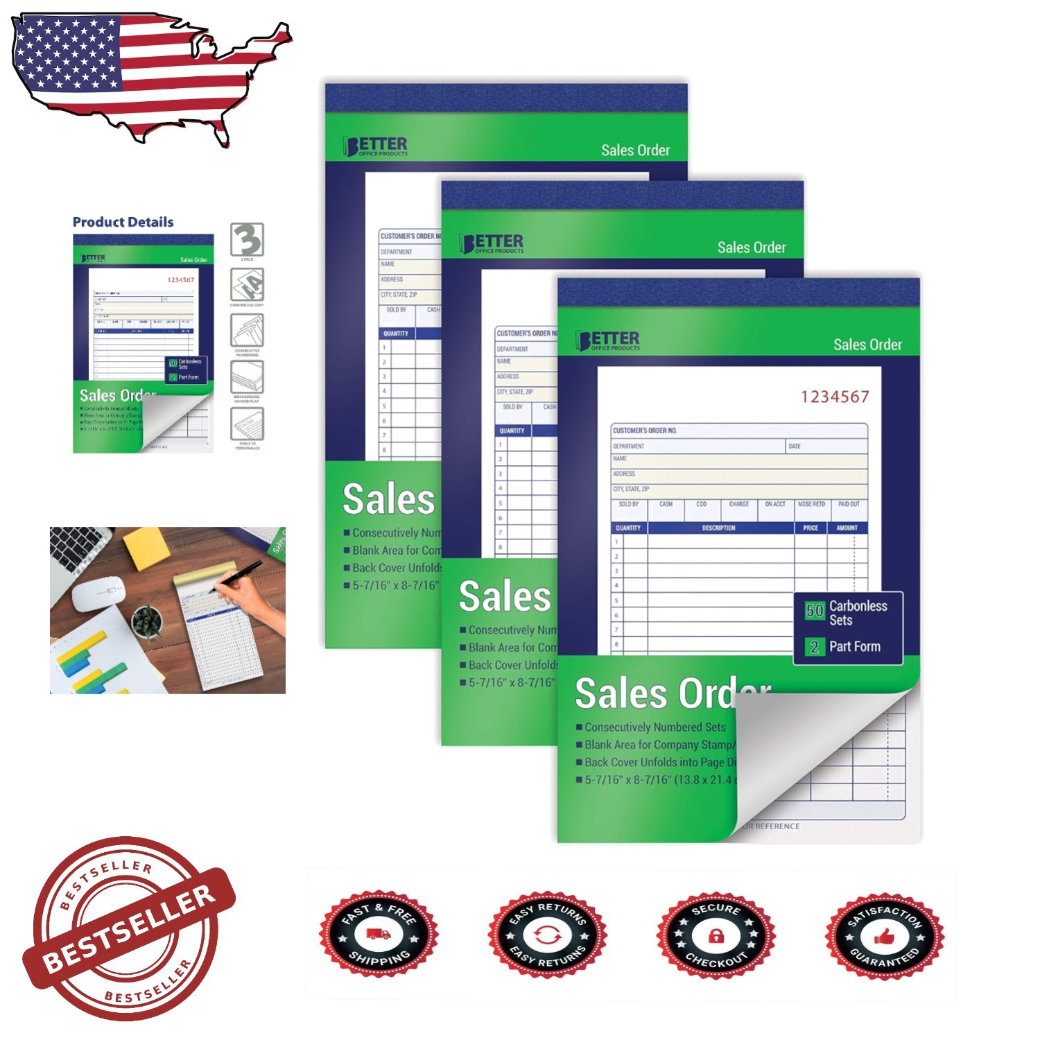 Professional 3-Pack Sales Order Books, Carbonless, White/Yellow, 150 Sets