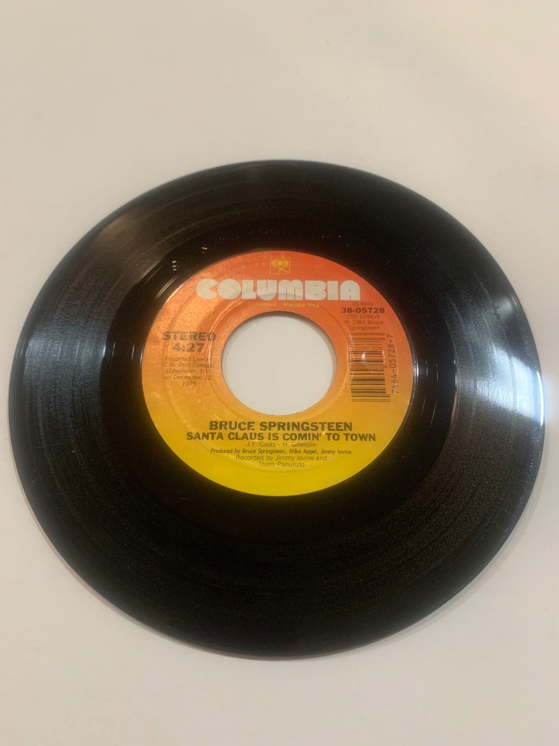 Columbia Bruce Springsteen 45 RPM Vinyl Record My Hometown Santa Claus