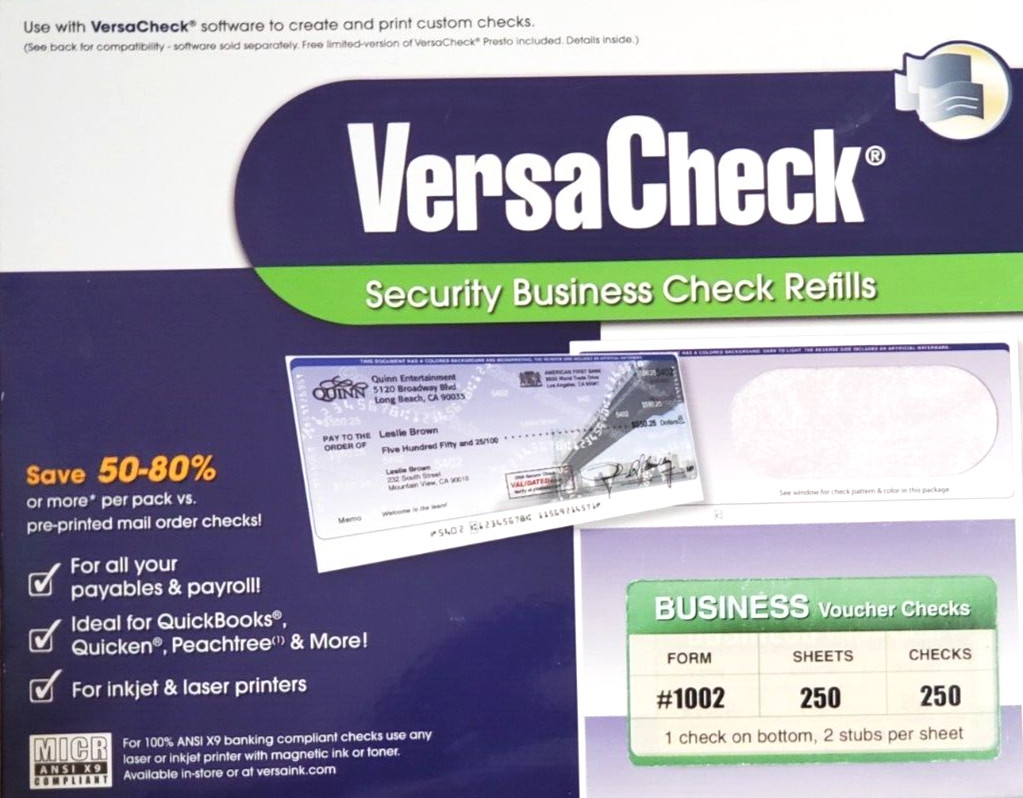 250 Checks – VersaCheck #1002 Business Check Refills BURGUNDY