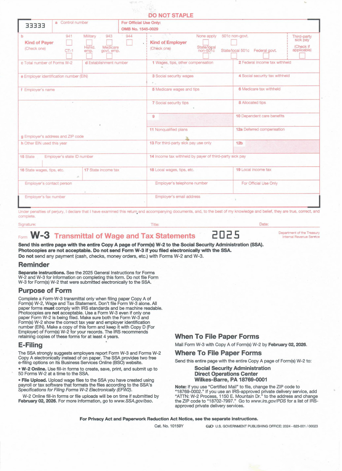 2025 W2 -5 Forms for 2 employees per Form of Wage and Tax Statement