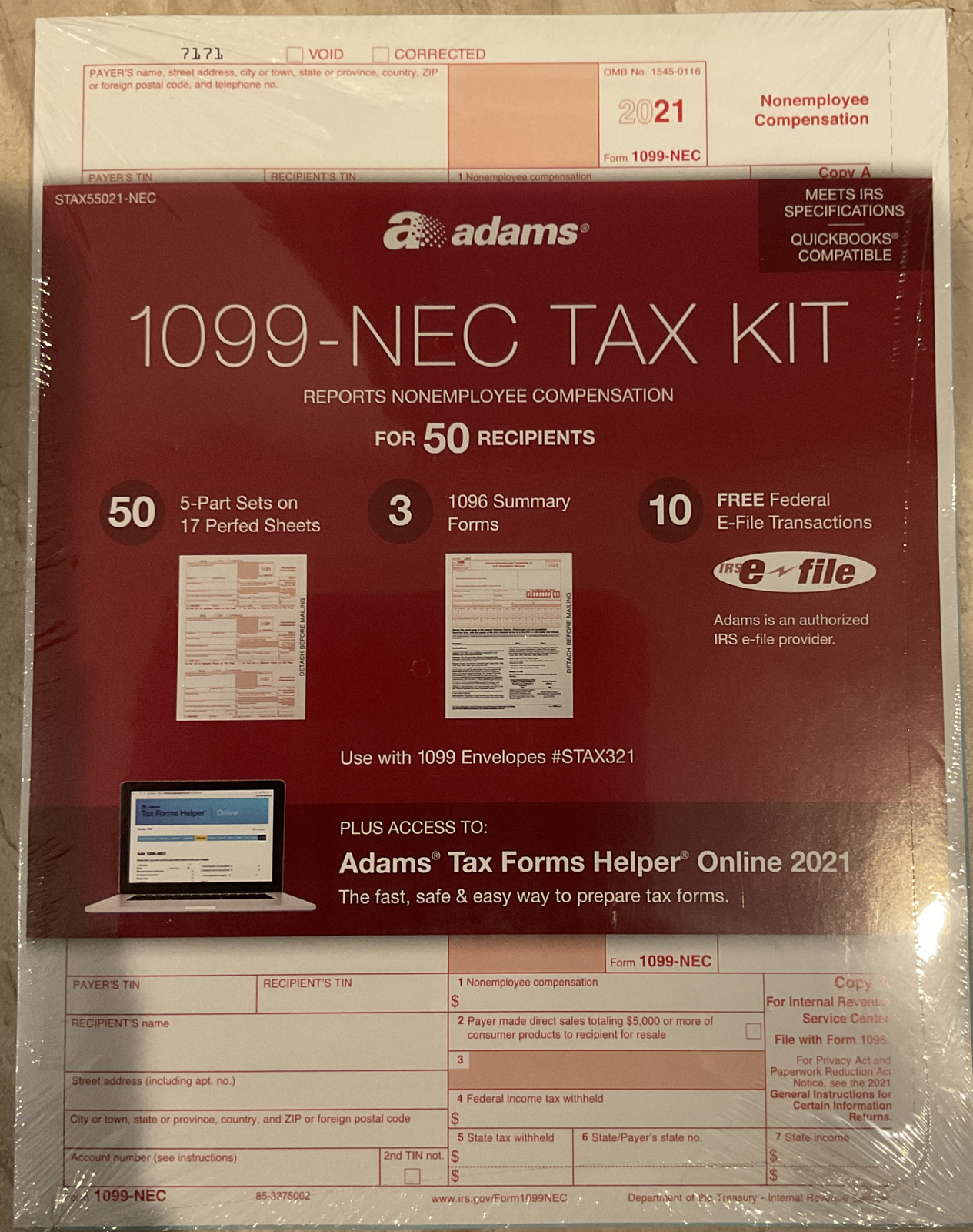 2021 Adams 1099-NEC Tax KIT , Reports Noneemployee Compensation Stax55021-NEC