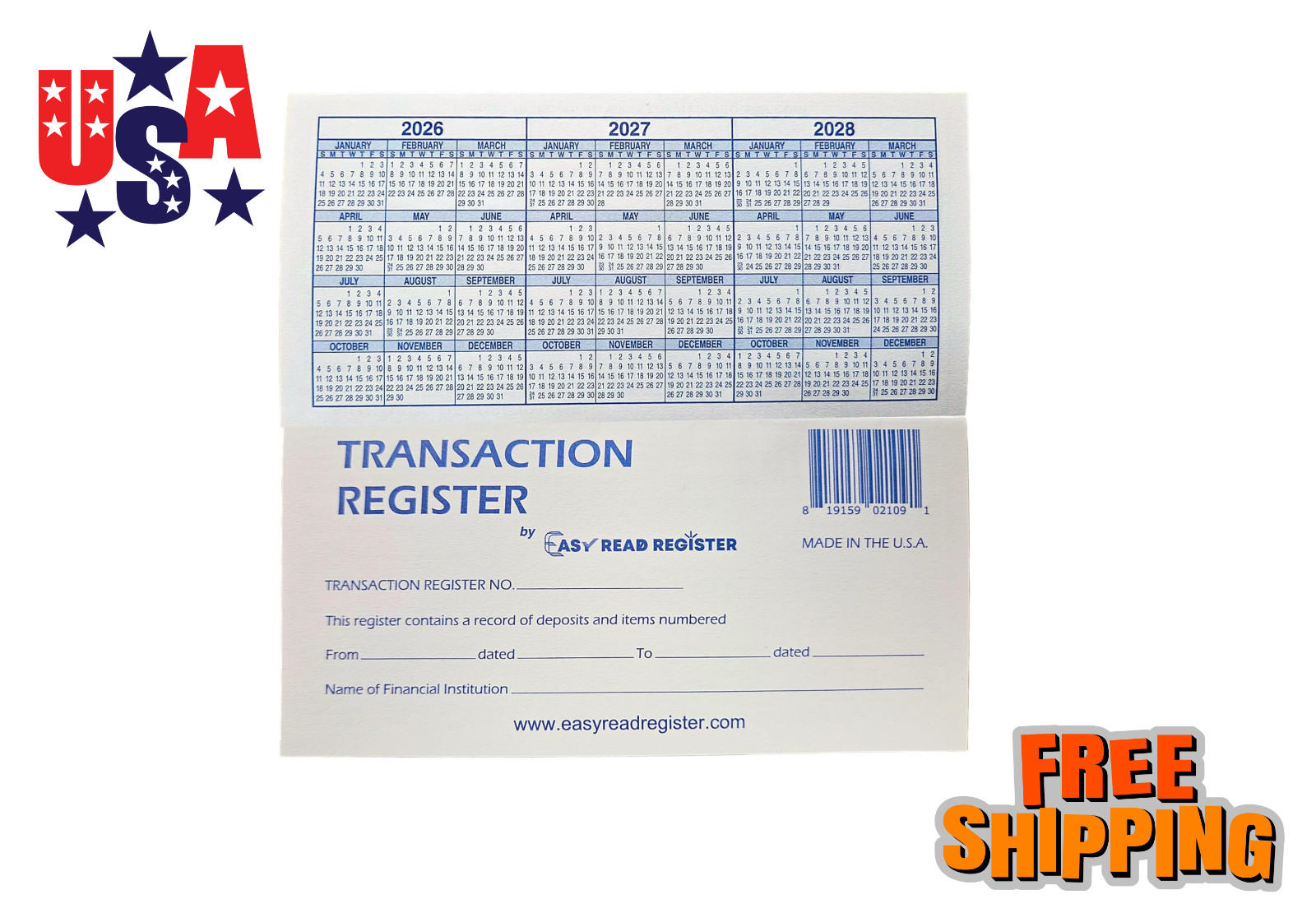 Checkbook Register Ledger 2026 2027 2028 Calendar Expense Tracker Made USA
