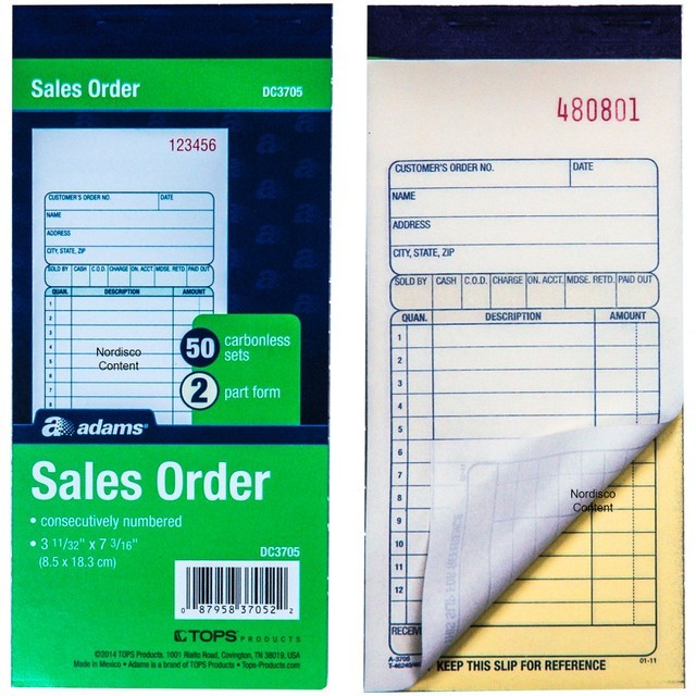 12 Adams DC3705 sales Order, 50 Carbonless Sets, 2 Part Form, 3 11/32″ x 7 3/16″