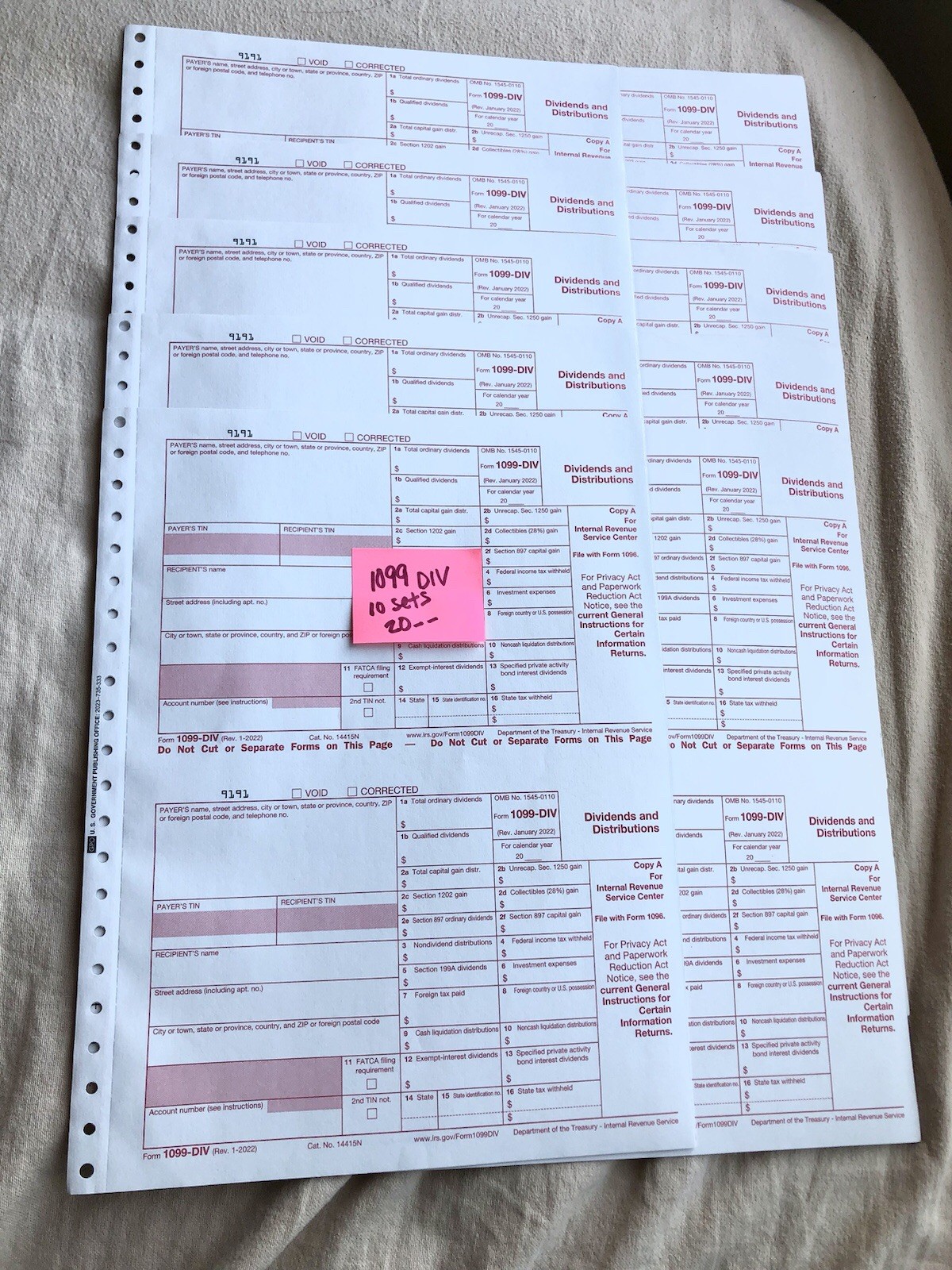 IRS 1099-DIV Tax Form – 10 Pack – single sheet set for 2 recipients 5 pages each