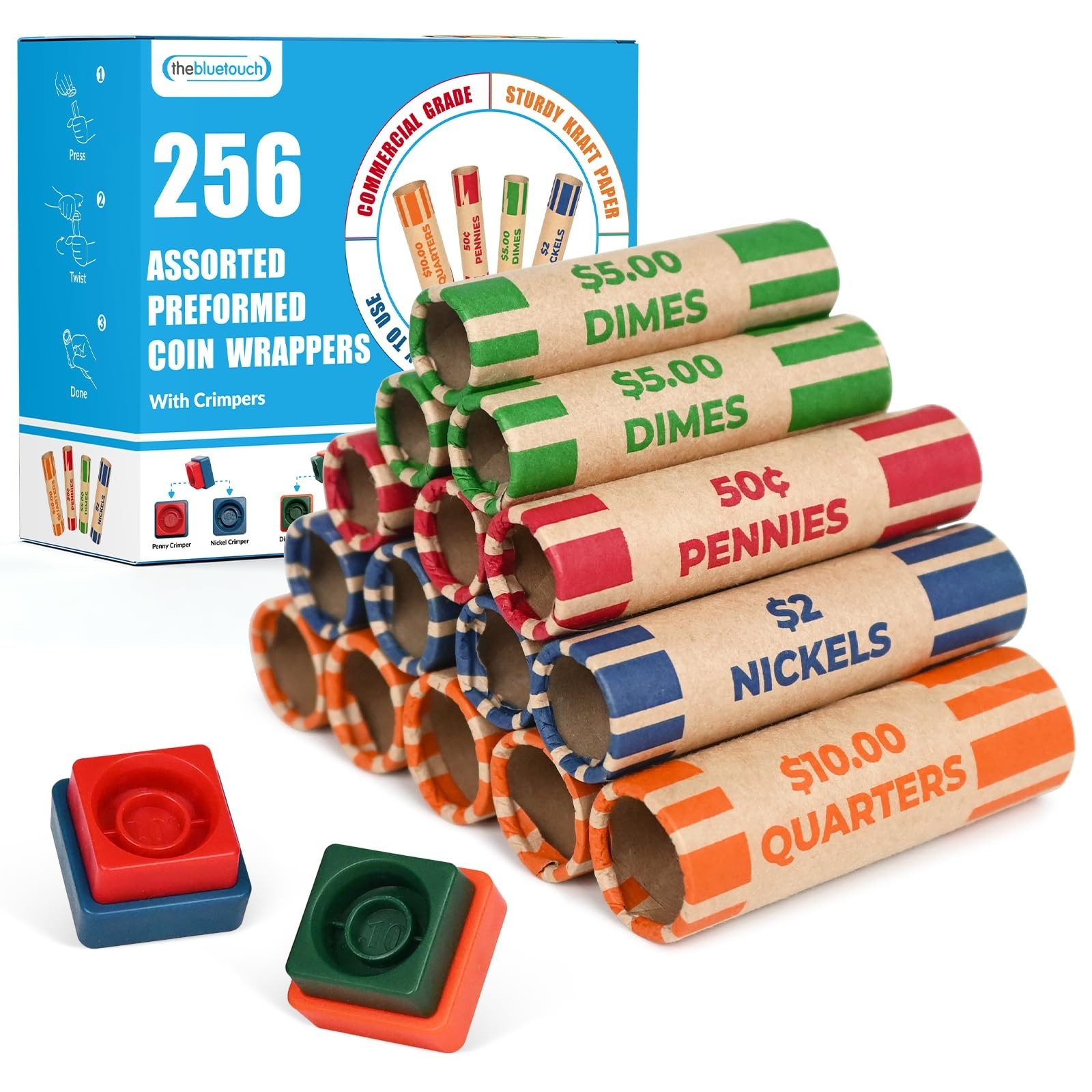 256 Assorted Preformed Coin Roll Wrappers with Coin Roll Crimper, Easy-Read D…