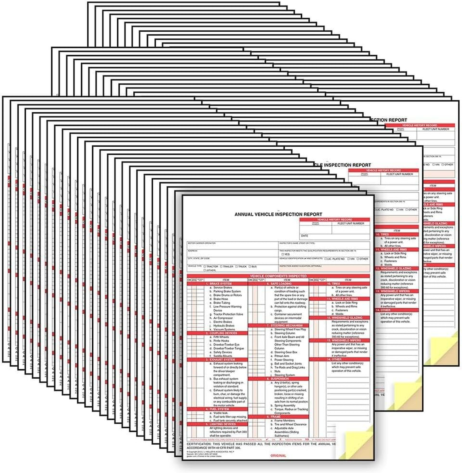 Vehicle Inspection Report Forms 3-Ply Carbonless DOT Compliant 8.5×11 100 Pack