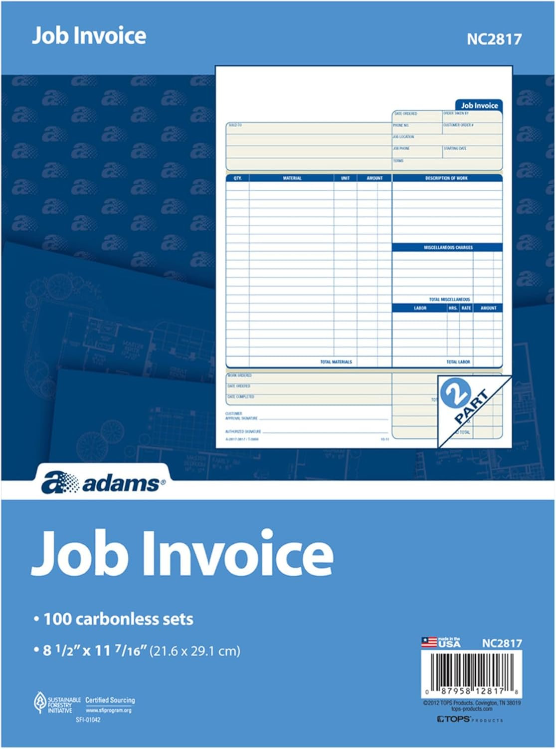 Job Invoice Forms, 2-Part Carbonless, for Service and Repair Billing, 100 Indivi